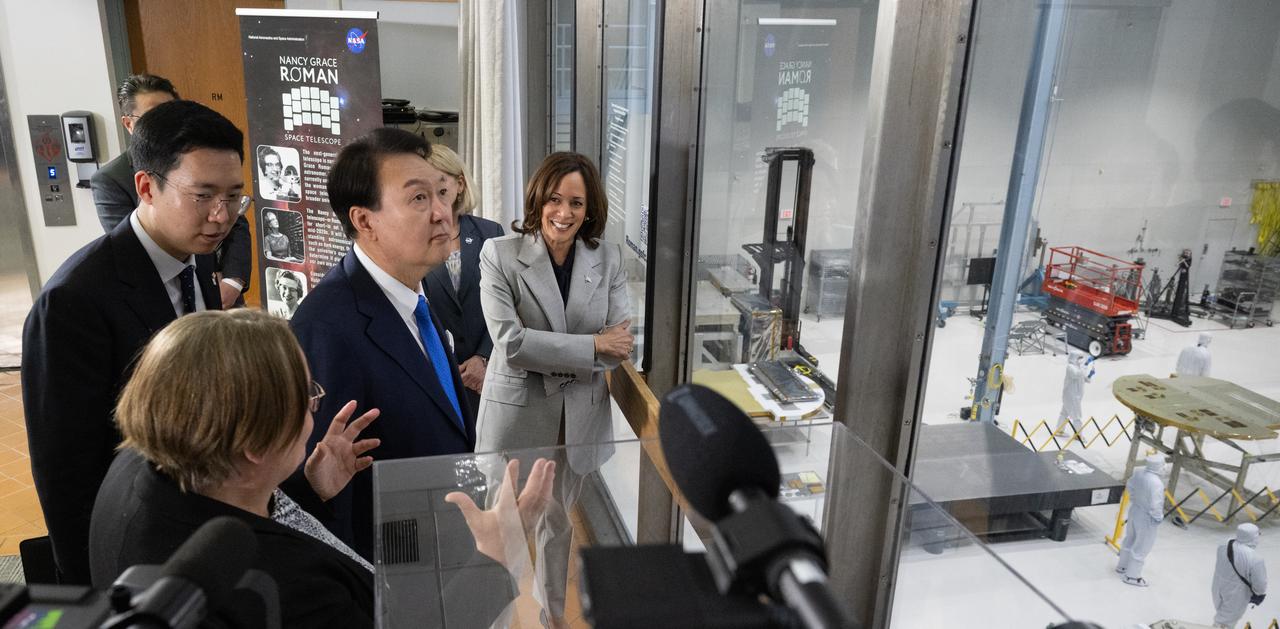 Dr. Julie McEnery, senior project scientist on NASA’s Nancy Grace Roman Space Telescope, left, briefs Vice President Kamala Harris, President Yoon Suk Yeol of the Republic of Korea and NASA Deputy Administrator Pam Melroy on the Nancy Grace Roman Space Telescope in the observation area of the high bay clean room, Tuesday, April 25, 2023, at NASA’s Goddard Space Flight Center in Greenbelt, Md.  Photo Credit: (NASA/Joel Kowsky)