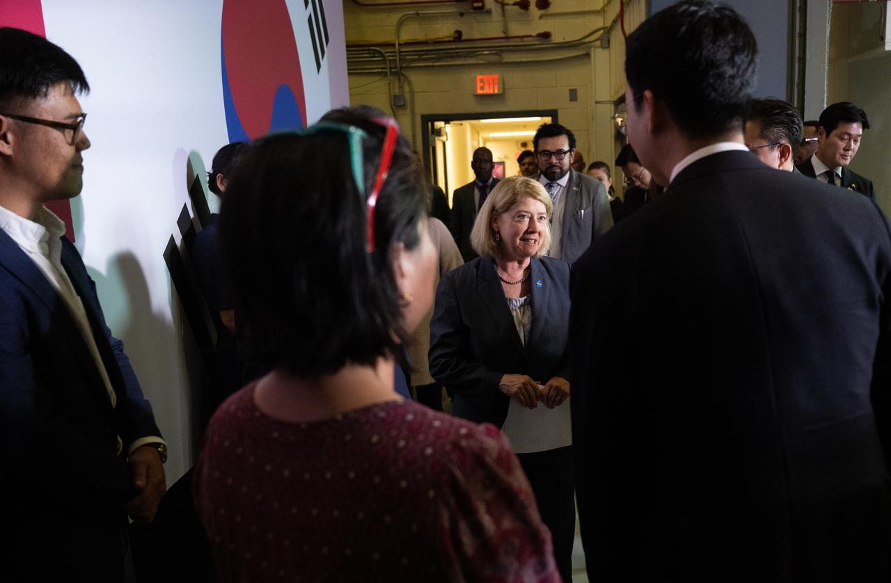 NASA Deputy Administrator Pam Melroy speaks with Korean-American scientists during a tour of NASA’s Goddard Space Flight Center with Vice President Kamala Harris and President Yoon Suk Yeol of the Republic of Korea, Tuesday, April 25, 2023, in Greenbelt, Md.  Photo Credit: (NASA/Joel Kowsky)