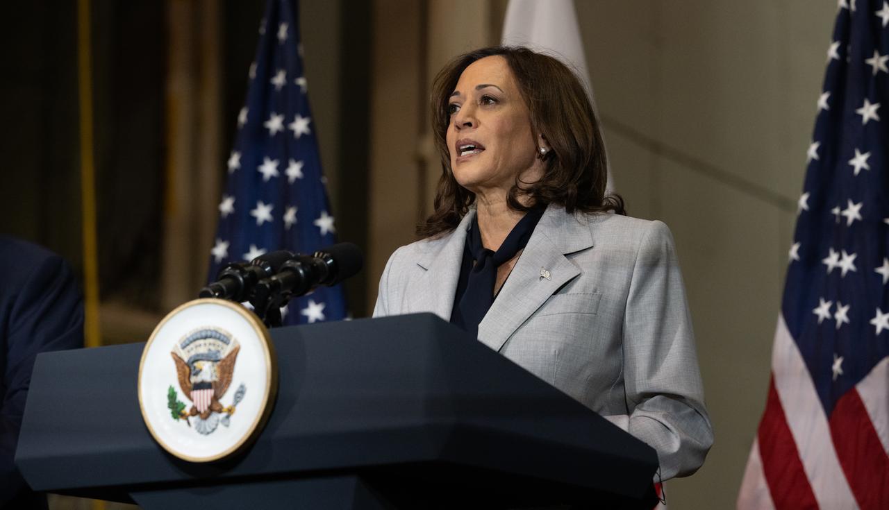 Vice President Kamala Harris delivers remarks during a tour of NASA’s Goddard Space Flight Center with President Yoon Suk Yeol of the Republic of Korea, Tuesday, April 25, 2023, in Greenbelt, Md.  Photo Credit: (NASA/Joel Kowsky)