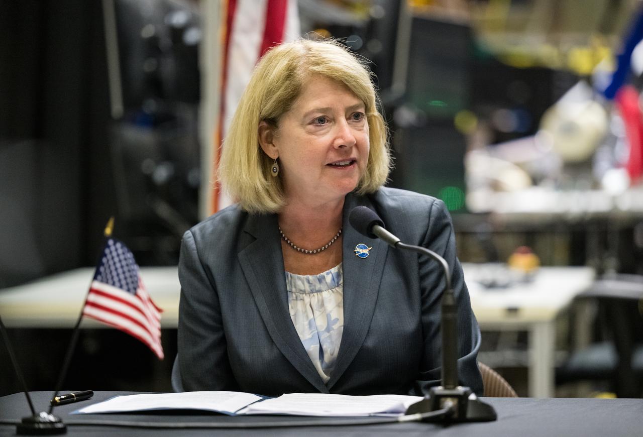 NASA Deputy Administrator Pam Melroy delivers remarks prior to the signing of a joint statement between NASA and the Ministry of Science and ICT of the Republic of Korea, Tuesday, April 25, 2023, at NASA’s Goddard Space Flight Center in Greenbelt, Md.  Photo Credit: (NASA/Aubrey Gemignani)