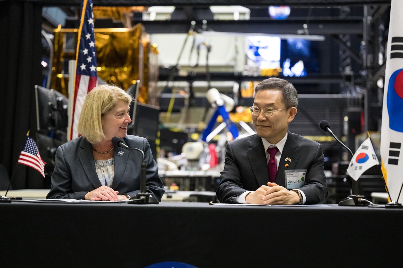 NASA Deputy Administrator Pam Melroy delivers remarks prior to the signing of a joint statement between NASA and the Ministry of Science and ICT of the Republic of Korea, Tuesday, April 25, 2023, at NASA’s Goddard Space Flight Center in Greenbelt, Md.  Photo Credit: (NASA/Aubrey Gemignani)