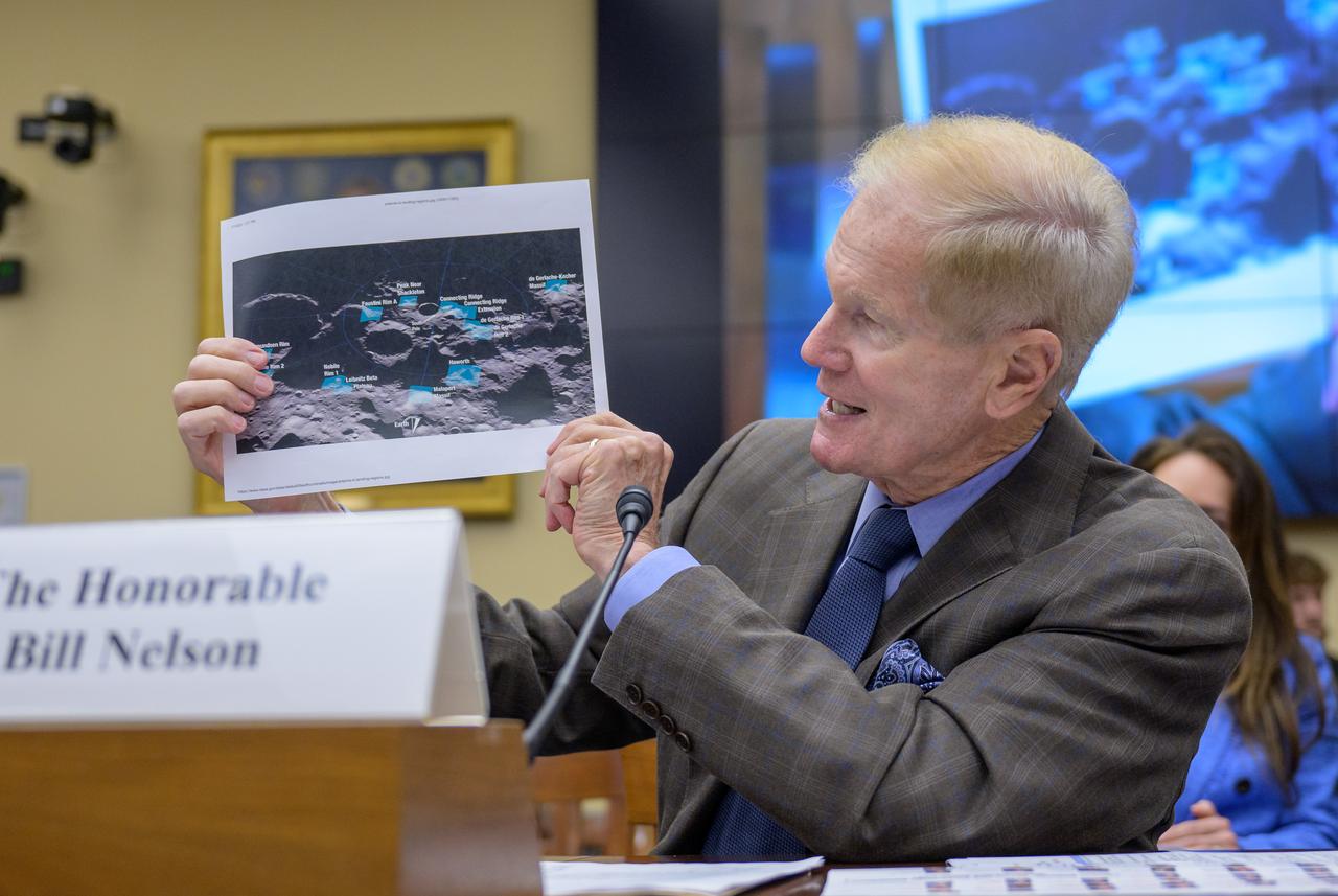 NASA Administrator Bill Nelson discusses lunar landing sites as he testifies during the House Science, Space and Technology Committee hearing on “An Overview of the Fiscal Year 2024 Proposed Budget Request for NASA,” Thursday, April 27, 2023 at the Rayburn House Office Building in Washington. Photo Credit: (NASA/Bill Ingalls)