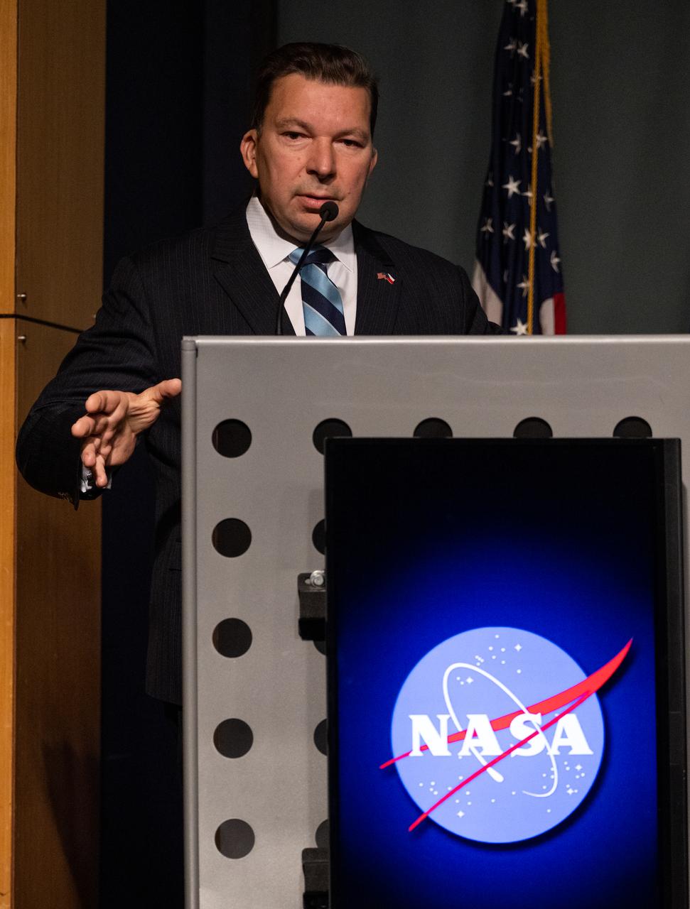 Miloslav Stašek, Ambassador of the Czech Republic to the United States, delivers remarks prior to the signing of the Artemis Accords by Foreign Affairs Minister for the Czech Republic, Jan Lipavský, Wednesday, May 3, 2023, at The Mary W. Jackson NASA Headquarters building in Washington DC. The Czech Republic is the twenty fourth country to sign the Artemis Accords, which establish a practical set of principles to guide space exploration cooperation among nations participating in NASA’s Artemis program. Photo Credit: (NASA/Joel Kowsky)