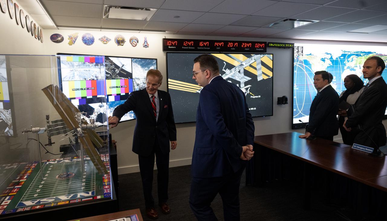 NASA Administrator Bill Nelson left, and Foreign Affairs Minister for the Czech Republic Jan Lipavský, center are seen in the Space Operations Center during a tour following the signing of the Artemis Accords, Wednesday, May 3, 2023, at The Mary W. Jackson NASA Headquarters building in Washington DC. The Czech Republic is the twenty fourth country to sign the Artemis Accords, which establish a practical set of principles to guide space exploration cooperation among nations participating in NASA’s Artemis program. Photo Credit: (NASA/Joel Kowsky)