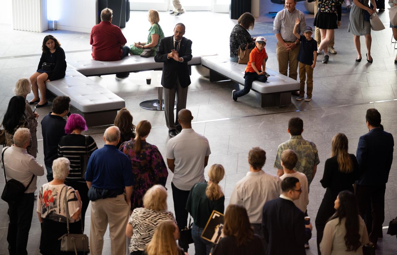 NASA astronaut Alvin Drew answers question prior to the world premier performance of Henry Dehlinger’s “Cosmic Cycles,” Thursday, May 11, 2023, at Capital One Hall in Tysons, Va. “Cosmic Cycles: A Space Symphony” is a collaboration between composer Henry Dehlinger, NASA’s Goddard Space Flight Center, and the National Philharmonic that features a fusion of music and video in seven multimedia works on the Sun, Earth, Moon, Planets, and Cosmos.  Photo Credit: (NASA/Joel Kowsky)