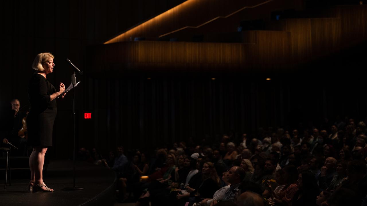 NASA Deputy Administrator Pam Melroy delivers remarks prior to the world premier performance of Henry Dehlinger’s “Cosmic Cycles,” Thursday, May 11, 2023, at Capital One Hall in Tysons, Va. “Cosmic Cycles: A Space Symphony” is a collaboration between composer Henry Dehlinger, NASA’s Goddard Space Flight Center, and the National Philharmonic that features a fusion of music and video in seven multimedia works on the Sun, Earth, Moon, Planets, and Cosmos.  Photo Credit: (NASA/Joel Kowsky)