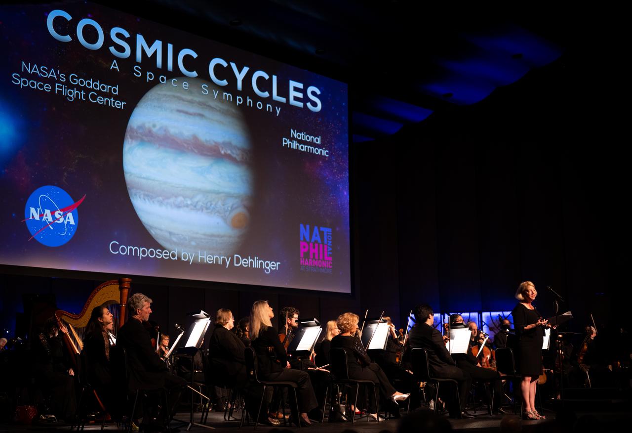 NASA Deputy Administrator Pam Melroy delivers remarks prior to the world premier performance of Henry Dehlinger’s “Cosmic Cycles,” Thursday, May 11, 2023, at Capital One Hall in Tysons, Va. “Cosmic Cycles: A Space Symphony” is a collaboration between composer Henry Dehlinger, NASA’s Goddard Space Flight Center, and the National Philharmonic that features a fusion of music and video in seven multimedia works on the Sun, Earth, Moon, Planets, and Cosmos.  Photo Credit: (NASA/Joel Kowsky)