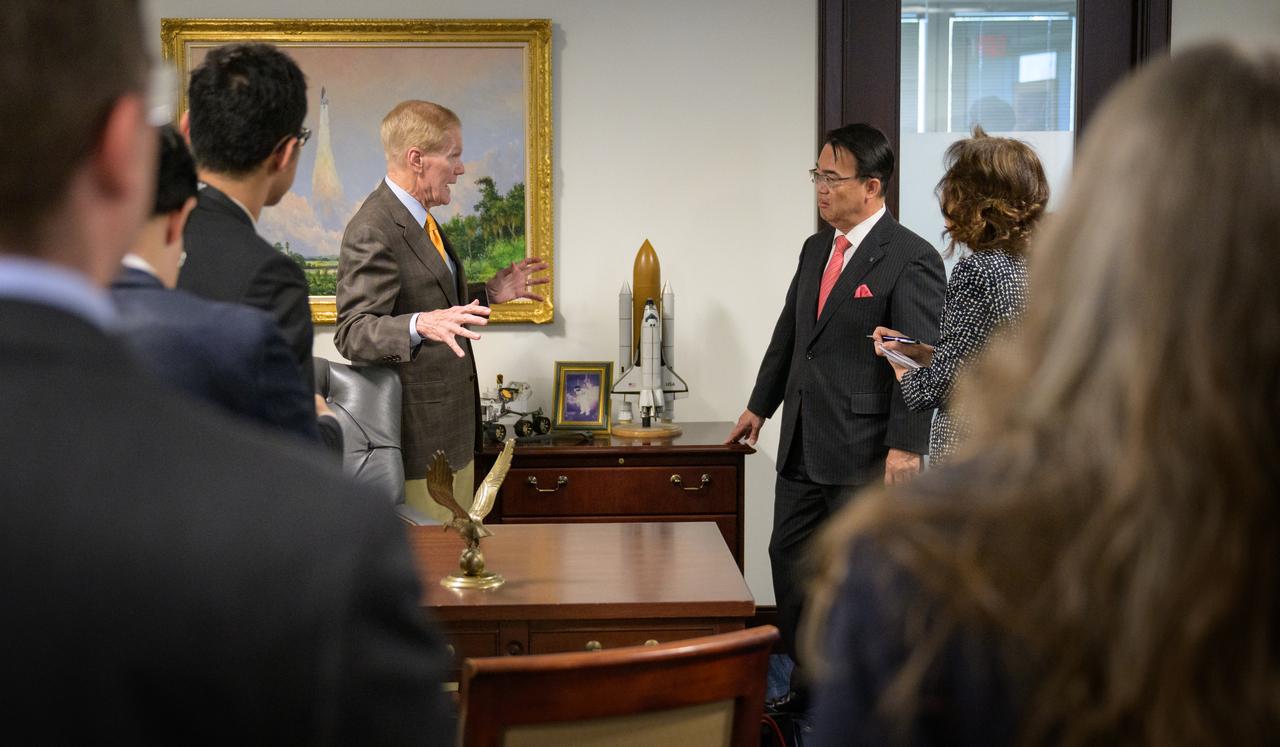 NASA Administrator Bill Nelson, left, and Japanese Governor for Aichi Prefecture Mr. Hideaki Ohmura, talk during a visit, Monday, May 15, 2023, at the NASA Headquarters Mary W. Jackson Building in Washington. Photo Credit: (NASA/Bill Ingalls)