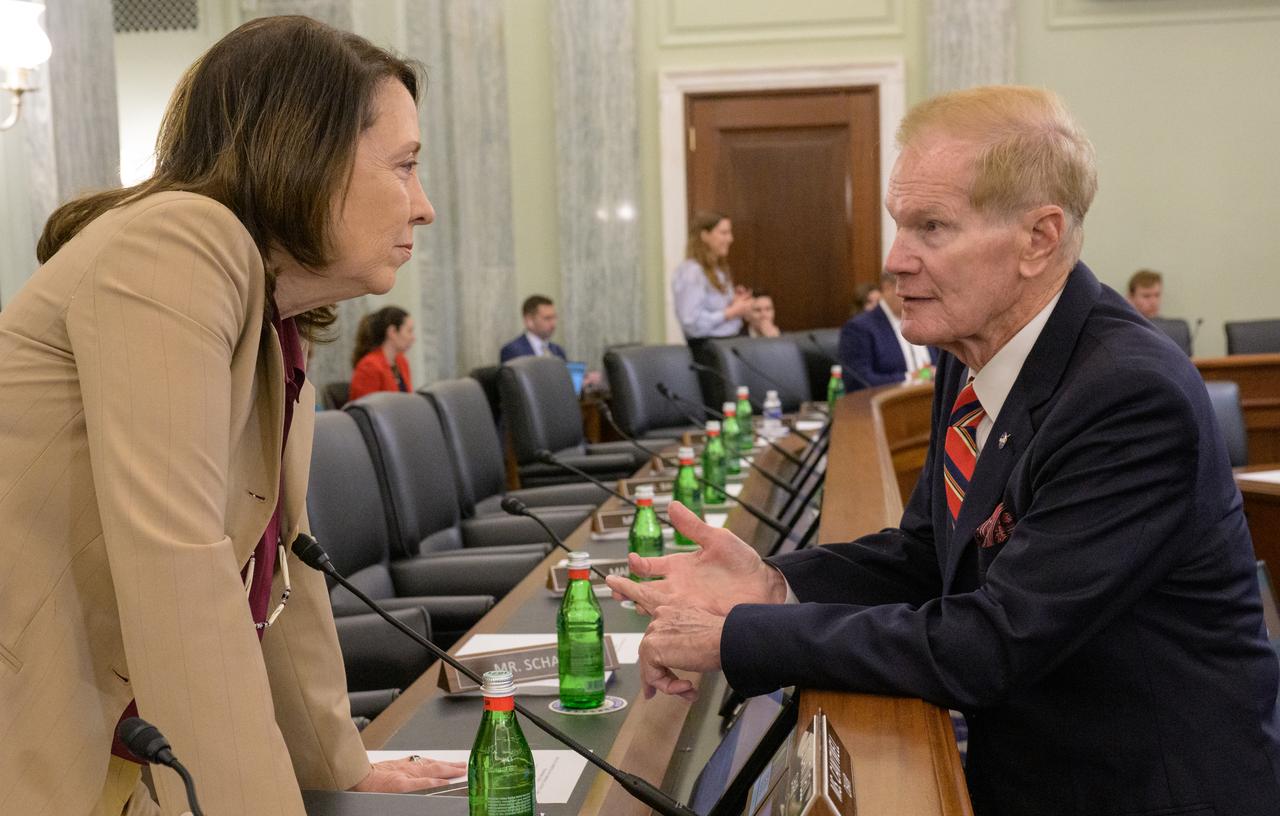 Senate Commerce, Science, and Transportation Committee Chair Maria Cantwell, D-Wash., left, talks with NASA Administrator Bill Nelson prior to Nelson testifying before the Senate Committee on Commerce, Science, and Transportation during a hearing titled “Examining NASA’s Budget and Priorities,” Tuesday, May 16, 2023, at the Russell Senate Office Building in Washington. Photo Credit: (NASA/Bill Ingalls)