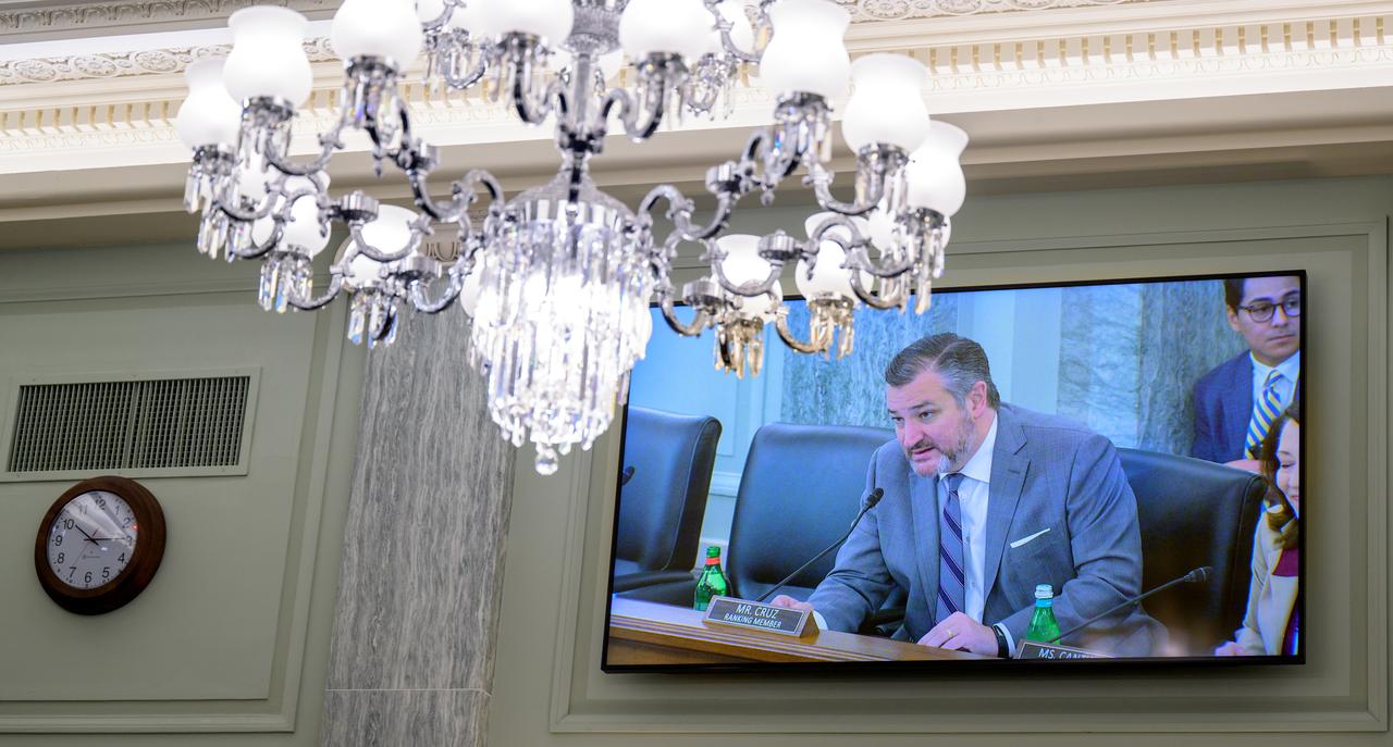 Senate Commerce, Science, and Transportation Committee ranking member Ted Cruz, R-Texas, is seen on a television monitor as he questions NASA Administrator Bill Nelson during a hearing titled “Examining NASA’s Budget and Priorities,” Tuesday, May 16, 2023, at the Russell Senate Office Building in Washington. Photo Credit: (NASA/Bill Ingalls)