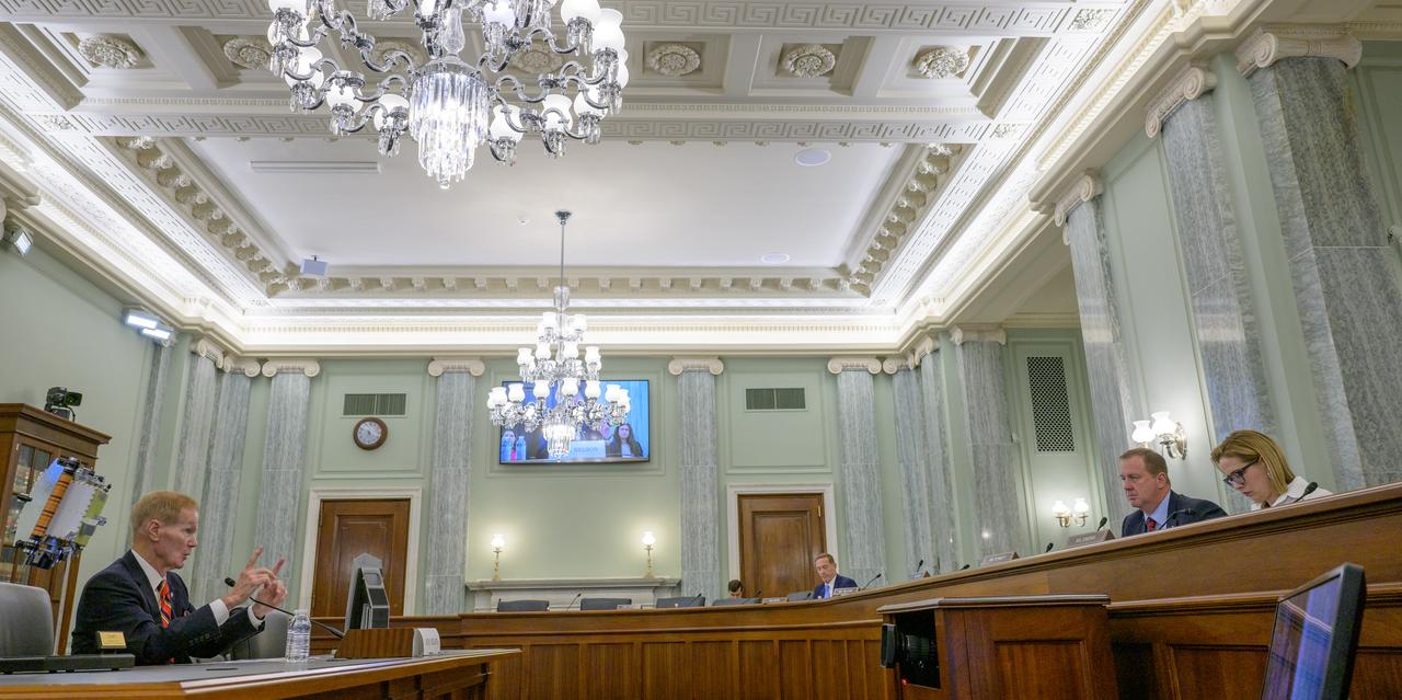 NASA Administrator Bill Nelson, left, testifies before the Senate Committee on Commerce, Science, and Transportation during a hearing titled “Examining NASA’s Budget and Priorities,” Tuesday, May 16, 2023, at the Russell Senate Office Building in Washington. Photo Credit: (NASA/Bill Ingalls)