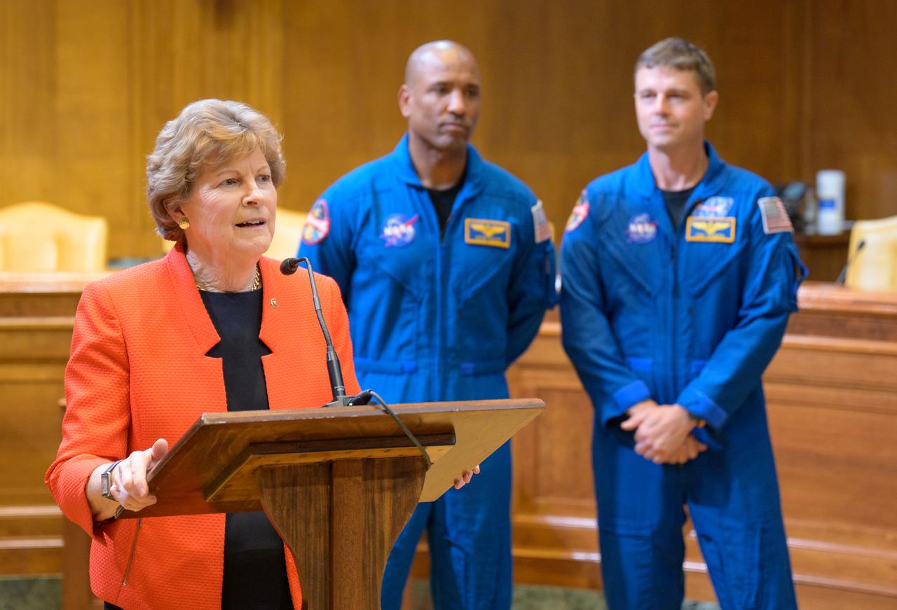 Sen. Jeanne Shaheen, D-N.H., gives remarks as NASA astronauts Victor Glover, and Reid Wiseman look on during a meet and greet, Wednesday, May 17, 2023, at the Dirksen Senate Office Building in Washington. Wiseman, Glover, along with NASA Astronaut Christina Hammock Koch and CSA (Canadian Space Agency) astronaut Jeremy Hansen, who will fly around the Moon on NASA’s Artemis II flight test, visited Washington to discuss their upcoming mission with members of Congress and others. Photo Credit: (NASA/Bill Ingalls)