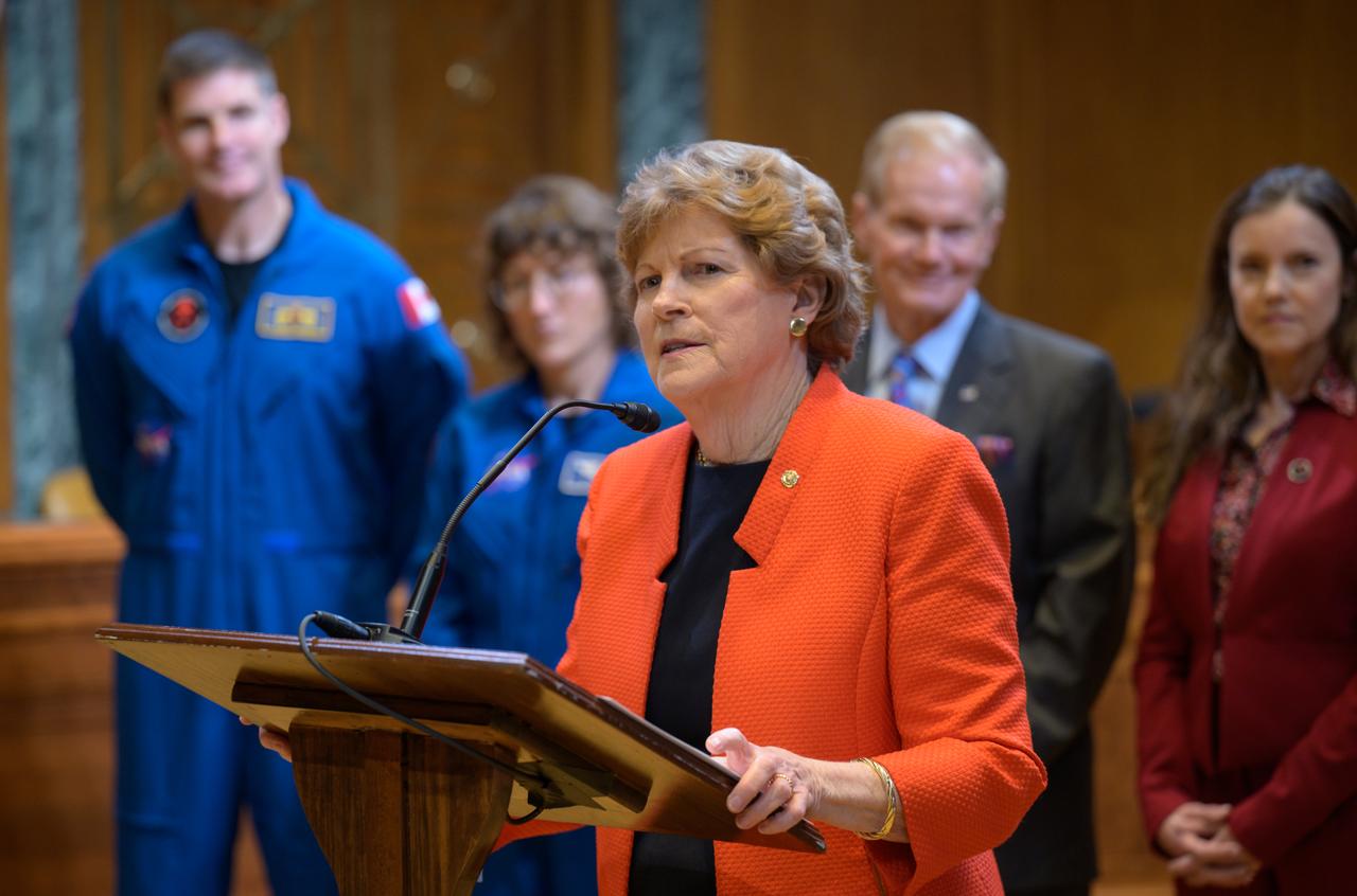 Sen. Jeanne Shaheen, D-N.H., gives remarks as CSA (Canadian Space Agency) astronaut Jeremy Hansen, left, NASA Astronaut Christina Hammock Koch, NASA Administrator Bill Nelson, and CSA (Canadian Space Agency) President Lisa Campbell, right, look on during a meet and greet, Wednesday, May 17, 2023, at the Dirksen Senate Office Building in Washington. Hansen, Hammock Koch, along with NASA Astronauts Reid Wiseman and Victor Glover, who will fly around the Moon on NASA’s Artemis II flight test, visited Washington to discuss their upcoming mission with members of Congress and others. Photo Credit: (NASA/Bill Ingalls)