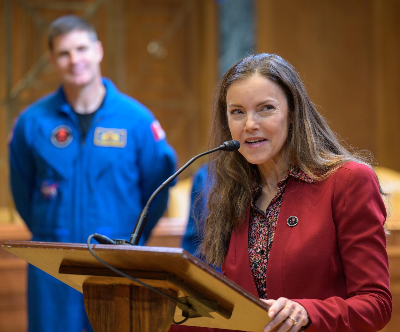 CSA (Canadian Space Agency) President Lisa Campbell gives remarks as CSA (Canadian Space Agency) astronaut Jeremy Hansen looks on, during a meet and greet, Wednesday, May 17, 2023, at the Dirksen Senate Office Building in Washington. Hansen along with NASA astronauts Reid Wiseman, Victor Glover, and Christina Hammock Koch, who will fly around the Moon on NASA’s Artemis II flight test, visited Washington to discuss their upcoming mission with members of Congress and others. Photo Credit: (NASA/Bill Ingalls)