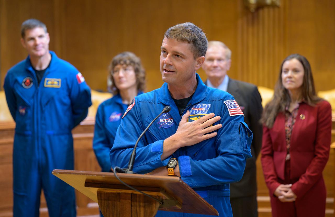 NASA astronaut Reid Wiseman gives remarks as CSA (Canadian Space Agency) astronaut Jeremy Hansen, left, NASA Astronaut Christina Hammock Koch, NASA Administrator Bill Nelson, and CSA (Canadian Space Agency) President Lisa Campbell look on during a meet and greet, Wednesday, May 17, 2023, Dirksen Senate Office Building in Washington. Wiseman, Hammock Koch, Hansen, along with NASA astronaut Victor Glover, who will fly around the Moon on NASA’s Artemis II flight test, visited Washington to discuss their upcoming mission with members of Congress and others. Photo Credit: (NASA/Bill Ingalls)