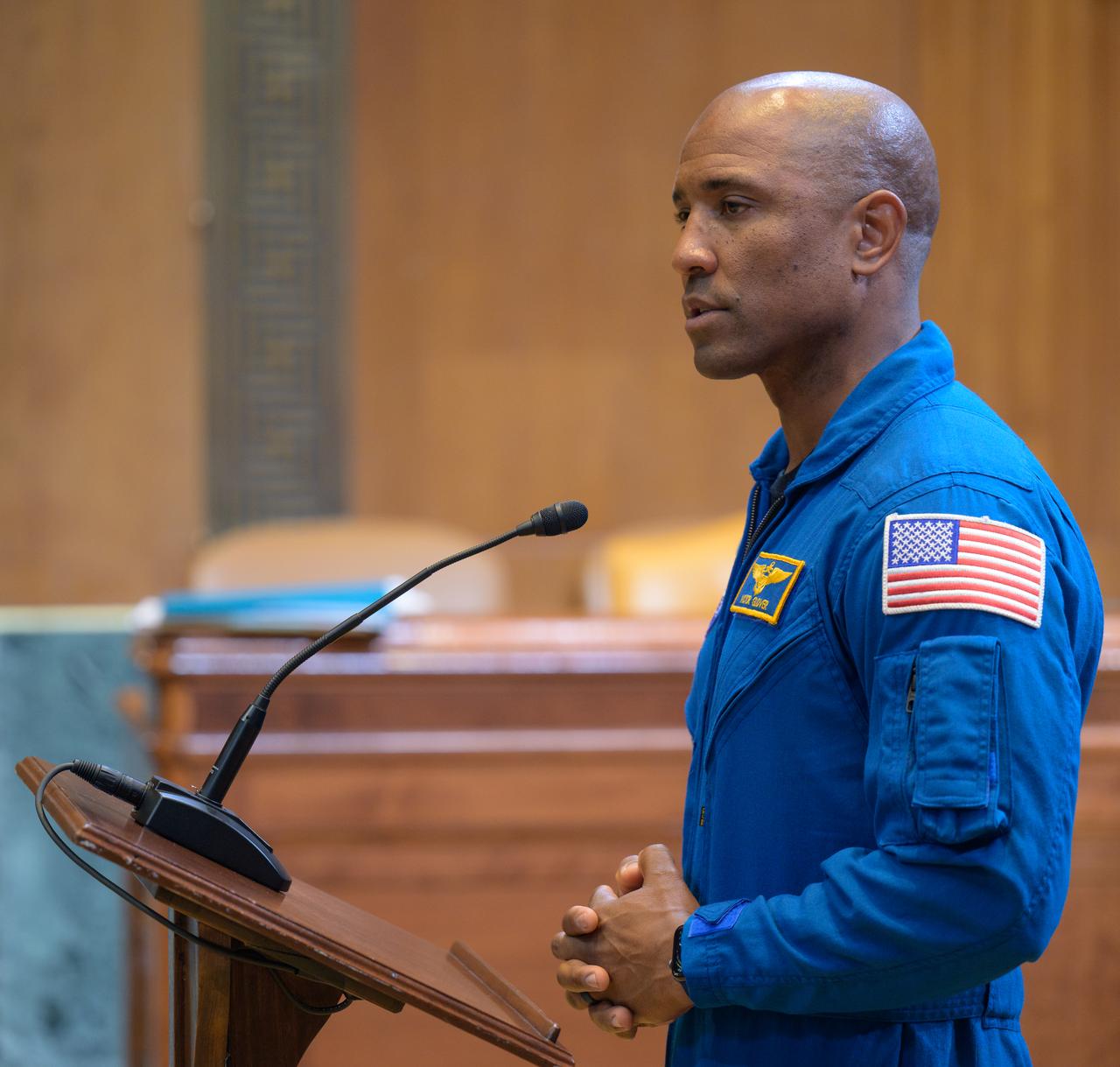 NASA astronaut Victor Glover gives remarks during a meet and greet, Wednesday, May 17, 2023, Dirksen Senate Office Building in Washington. Glover along with NASA astronauts Reid Wiseman, Christina Hammock Koch, and CSA (Canadian Space Agency) astronaut Jeremy Hansen, who will fly around the Moon on NASA’s Artemis II flight test, visited Washington to discuss their upcoming mission with members of Congress and others. Photo Credit: (NASA/Bill Ingalls)