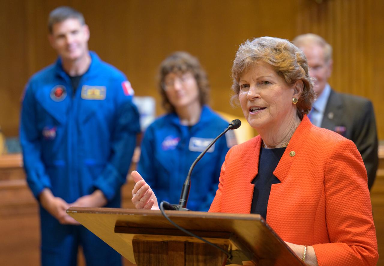 Sen. Jeanne Shaheen, D-N.H., gives remarks as CSA (Canadian Space Agency) astronaut Jeremy Hansen, left, NASA Astronaut Christina Hammock Koch, look on during a meet and greet, Wednesday, May 17, 2023, at the Dirksen Senate Office Building in Washington. Hansen, Hammock Koch, along with NASA Astronauts Reid Wiseman and Victor Glover, who will fly around the Moon on NASA’s Artemis II flight test, visited Washington to discuss their upcoming mission with members of Congress and others. Photo Credit: (NASA/Bill Ingalls)