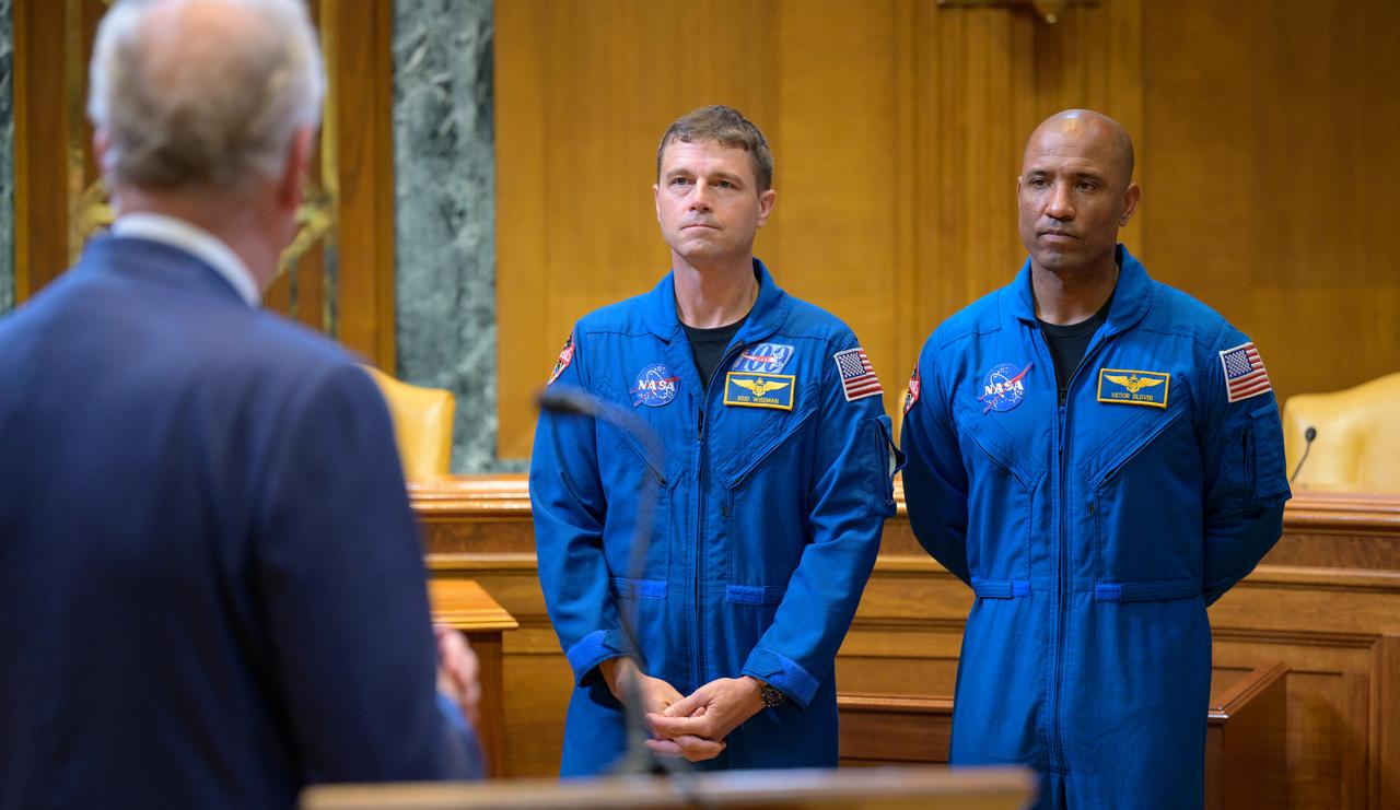 Sen. Jerry Moran, R-KS., gives remarks as NASA astronauts Reid Wiseman, and Victor Glover look on during a meet and greet, Wednesday, May 17, 2023, at the Dirksen Senate Office Building in Washington. Wiseman, Glover, along with NASA Astronaut Christina Hammock Koch and CSA (Canadian Space Agency) astronaut Jeremy Hansen, who will fly around the Moon on NASA’s Artemis II flight test, visited Washington to discuss their upcoming mission with members of Congress and others. Photo Credit: (NASA/Bill Ingalls)