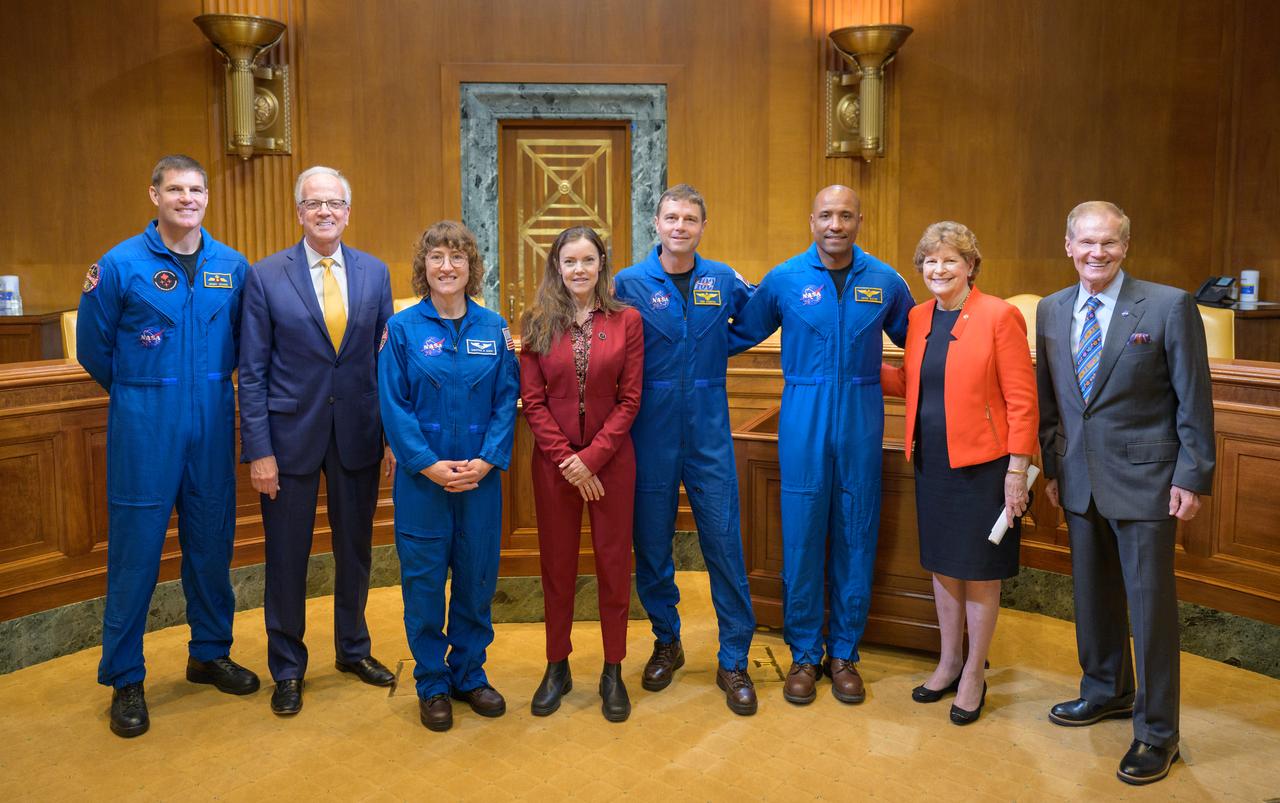 Group photo with CSA (Canadian Space Agency) astronaut Jeremy Hansen, left, Sen. Jerry Moran, R-KS., NASA Astronaut Christina Hammock Koch, CSA (Canadian Space Agency) President Lisa Campbell, NASA astronauts Reid Wiseman, and Victor Glover, Sen. Jeanne Shaheen, D-N.H., and NASA Administrator Bill Nelson at the conclusion of a meet and greet, Wednesday, May 17, 2023, at the Dirksen Senate Office Building in Washington. Wiseman, Glover, Hammock Koch, and Hansen, who will fly around the Moon on NASA’s Artemis II flight test, visited Washington to discuss their upcoming mission with members of Congress and others. Photo Credit: (NASA/Bill Ingalls)