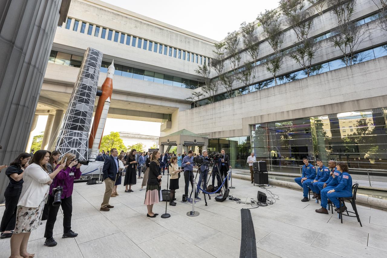 From left to right, CSA (Canadian Space Agency) astronaut Jeremy Hansen, NASA astronauts Reid Wiseman, Victor Glover, and Christina Hammock Koch participate in a media gather, Wednesday, May 17, 2023, outside of the Canadian Embassy in Washington. Wiseman, Glover, Koch, and Hansen, who will fly around the Moon on NASA’s Artemis II flight test, visited Washington to discuss their upcoming mission with members of Congress and others. Photo Credit: (NASA/Keegan Barber)