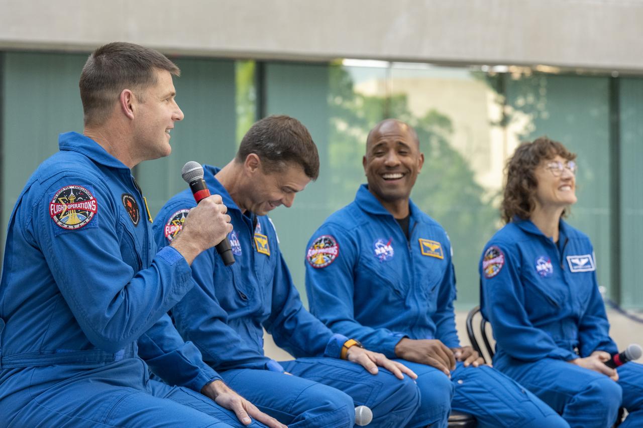 From left to right, CSA (Canadian Space Agency) astronaut Jeremy Hansen, NASA astronauts Reid Wiseman, Victor Glover, and Christina Hammock Koch participate in a media gather, Wednesday, May 17, 2023, outside of the Canadian Embassy in Washington. Wiseman, Glover, Koch, and Hansen, who will fly around the Moon on NASA’s Artemis II flight test, visited Washington to discuss their upcoming mission with members of Congress and others. Photo Credit: (NASA/Keegan Barber)