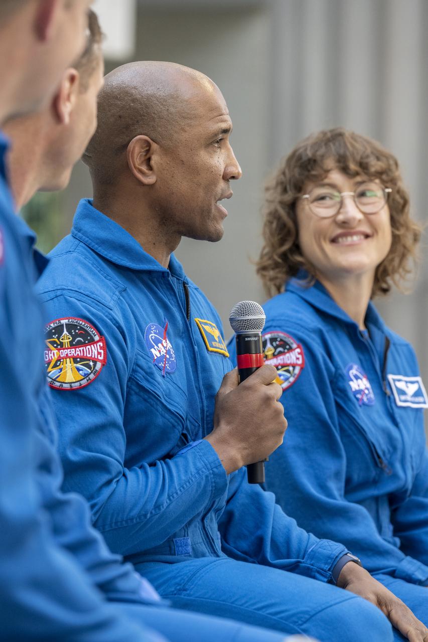 From left to right, CSA (Canadian Space Agency) astronaut Jeremy Hansen, NASA astronauts Reid Wiseman, Victor Glover, and Christina Hammock Koch participate in a media gather, Wednesday, May 17, 2023, outside of the Canadian Embassy in Washington. Wiseman, Glover, Koch, and Hansen, who will fly around the Moon on NASA’s Artemis II flight test, visited Washington to discuss their upcoming mission with members of Congress and others. Photo Credit: (NASA/Keegan Barber)