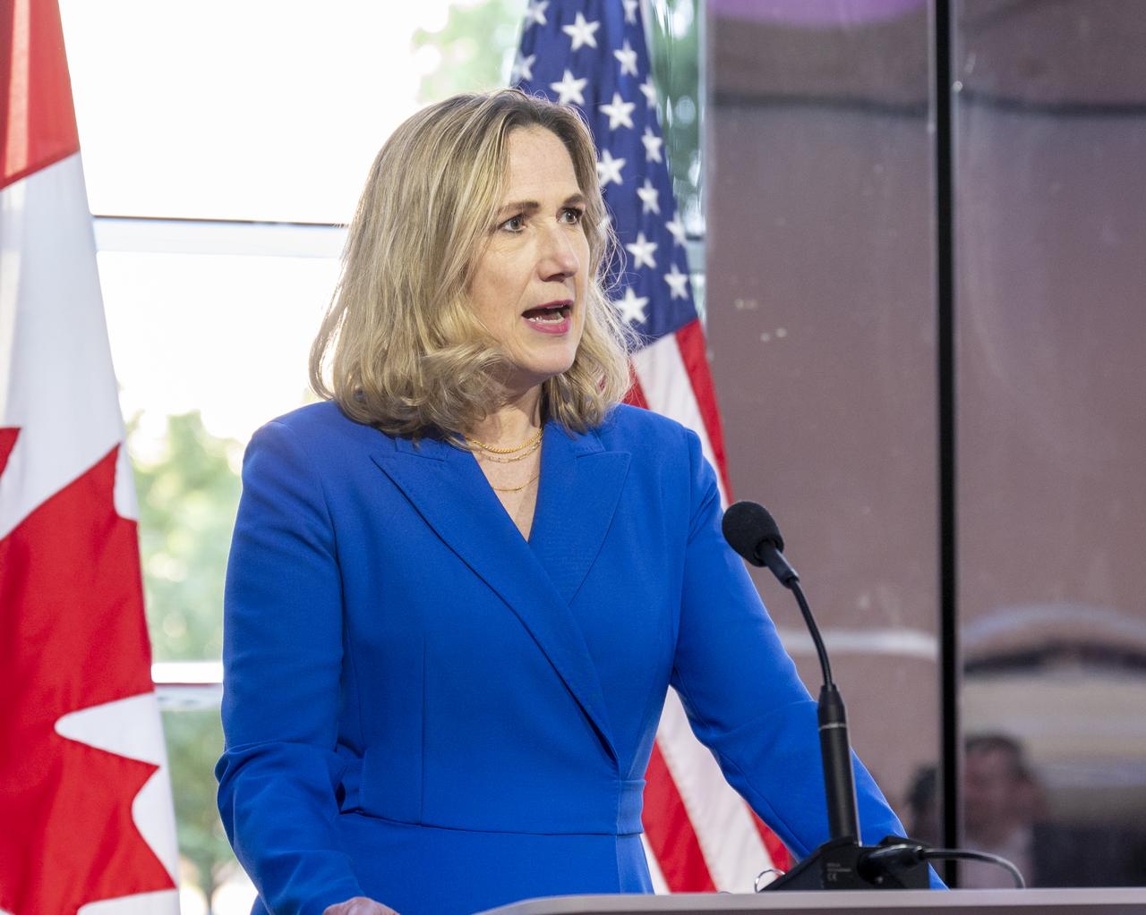 Ambassador of Canada to the United States Kirsten Hillman delivers introductory remarks during a reception with NASA astronauts Reid Wiseman, Victor Glover, Christina Hammock Koch, and CSA (Canadian Space Agency) astronaut Jeremy Hansen, Wednesday, May 17, 2023, at the Canadian Embassy in Washington. Wiseman, Glover, Koch, and Hansen, who will fly around the Moon on NASA’s Artemis II flight test, visited Washington to discuss their upcoming mission with members of Congress and others. Photo Credit: (NASA/Keegan Barber)