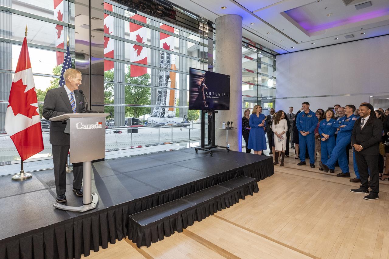 NASA Administrator Bill Nelson delivers introductory remarks during a reception with NASA astronauts Reid Wiseman, Victor Glover, Christina Hammock Koch, and CSA (Canadian Space Agency) astronaut Jeremy Hansen, Wednesday, May 17, 2023, at the Canadian Embassy in Washington. Wiseman, Glover, Koch, and Hansen, who will fly around the Moon on NASA’s Artemis II flight test, visited Washington to discuss their upcoming mission with members of Congress and others. Photo Credit: (NASA/Keegan Barber)