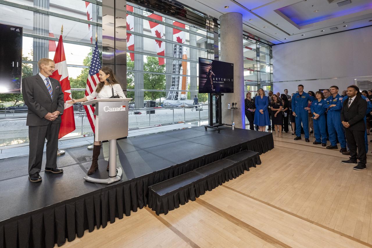 Canadian Space Agency President Lisa Campbell, joined by NASA Administrator Bill Nelson, delivers introductory remarks during a reception with NASA astronauts Reid Wiseman, Victor Glover, Christina Hammock Koch, and CSA (Canadian Space Agency) astronaut Jeremy Hansen, Wednesday, May 17, 2023, at the Canadian Embassy in Washington. Wiseman, Glover, Koch, and Hansen, who will fly around the Moon on NASA’s Artemis II flight test, visited Washington to discuss their upcoming mission with members of Congress and others. Photo Credit: (NASA/Keegan Barber)
