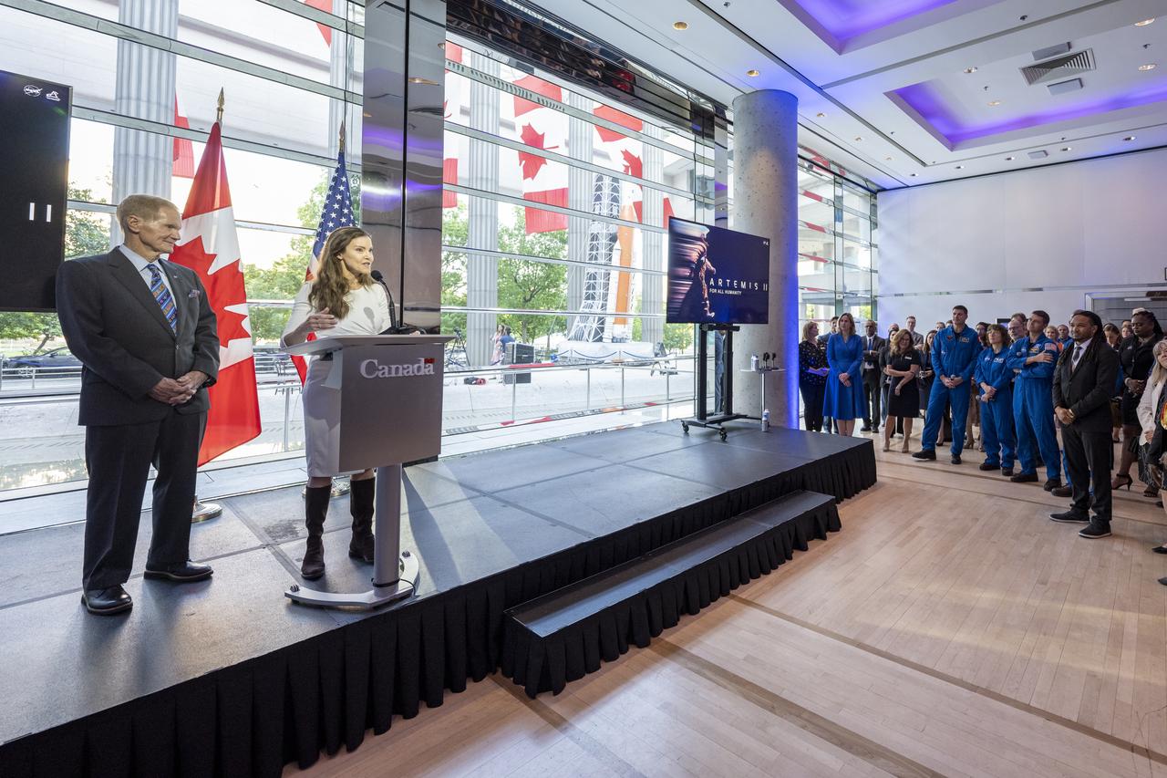 Canadian Space Agency President Lisa Campbell, joined by NASA Administrator Bill Nelson, delivers introductory remarks during a reception with NASA astronauts Reid Wiseman, Victor Glover, Christina Hammock Koch, and CSA (Canadian Space Agency) astronaut Jeremy Hansen, Wednesday, May 17, 2023, at the Canadian Embassy in Washington. Wiseman, Glover, Koch, and Hansen, who will fly around the Moon on NASA’s Artemis II flight test, visited Washington to discuss their upcoming mission with members of Congress and others. Photo Credit: (NASA/Keegan Barber)
