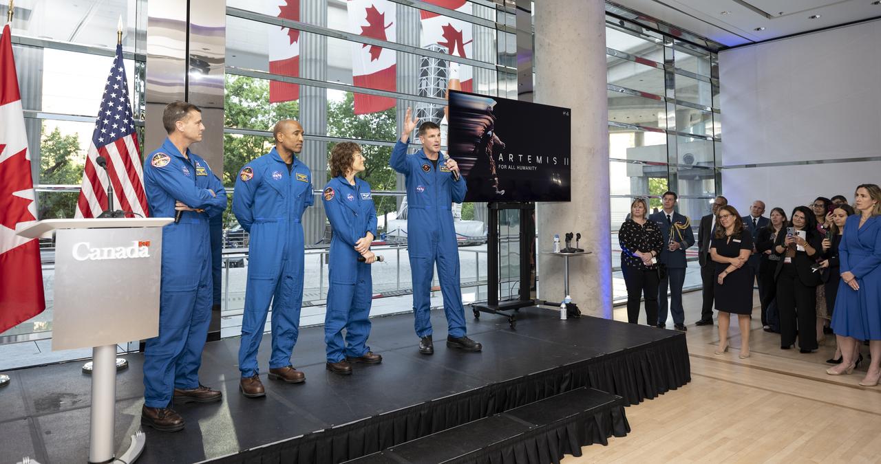 From left to right, NASA astronauts Reid Wiseman, Victor Glover, Christina Hammock Koch, and CSA (Canadian Space Agency) astronaut Jeremy Hansen deliver remarks, Wednesday, May 17, 2023, during a reception at the Canadian Embassy in Washington. Wiseman, Glover, Koch, and Hansen, who will fly around the Moon on NASA’s Artemis II flight test, visited Washington to discuss their upcoming mission with members of Congress and others. Photo Credit: (NASA/Keegan Barber)