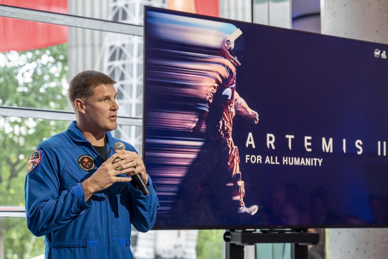 CSA (Canadian Space Agency) astronaut Jeremy Hansen delivers remarks, Wednesday, May 17, 2023, during a reception at the Canadian Embassy in Washington. Wiseman, Glover, Koch, and Hansen, who will fly around the Moon on NASA’s Artemis II flight test, visited Washington to discuss their upcoming mission with members of Congress and others. Photo Credit: (NASA/Keegan Barber)