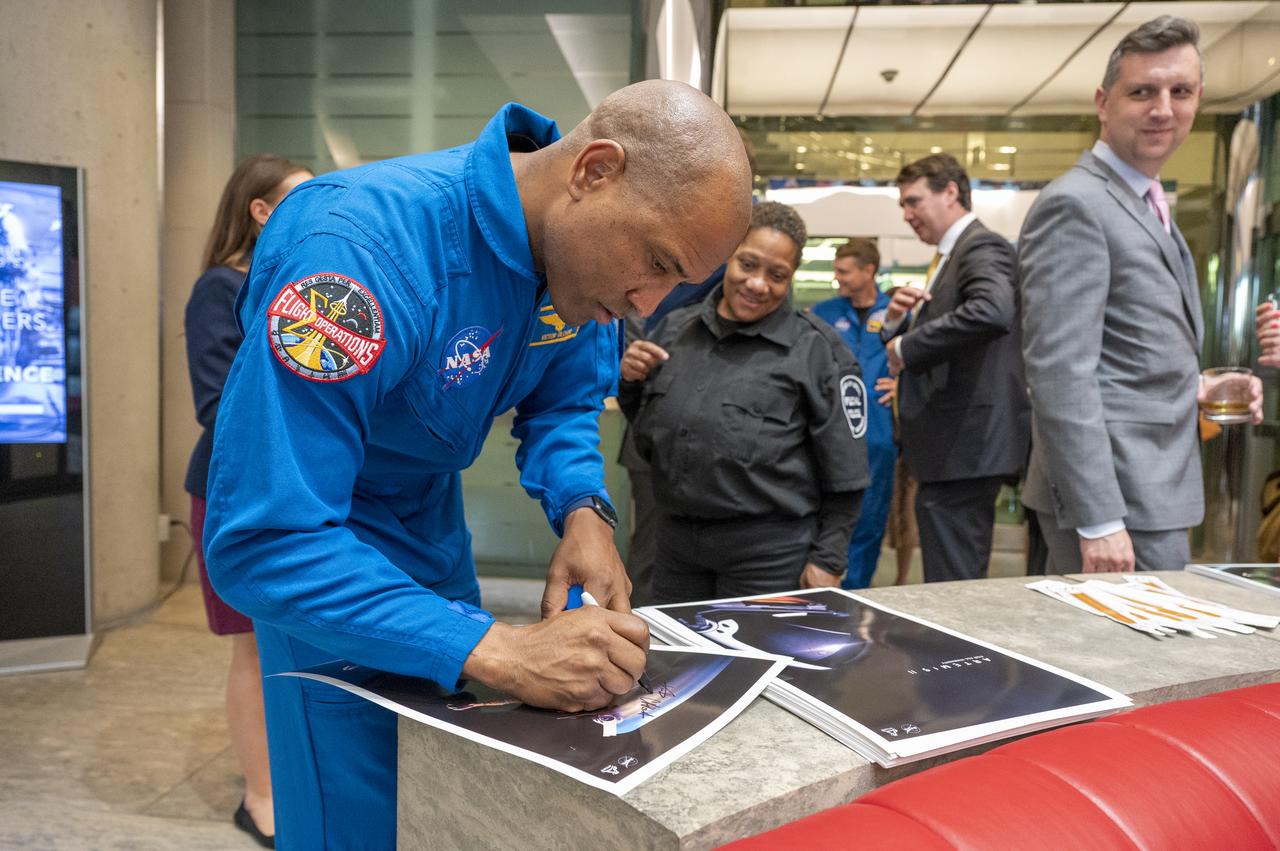 NASA astronaut Victor Glover participates in a meet and greet, Wednesday, May 17, 2023, at the Canadian Embassy in Washington. Wiseman, Glover, Koch, and Hansen, who will fly around the Moon on NASA’s Artemis II flight test, visited Washington to discuss their upcoming mission with members of Congress and others. Photo Credit: (NASA/Keegan Barber)
