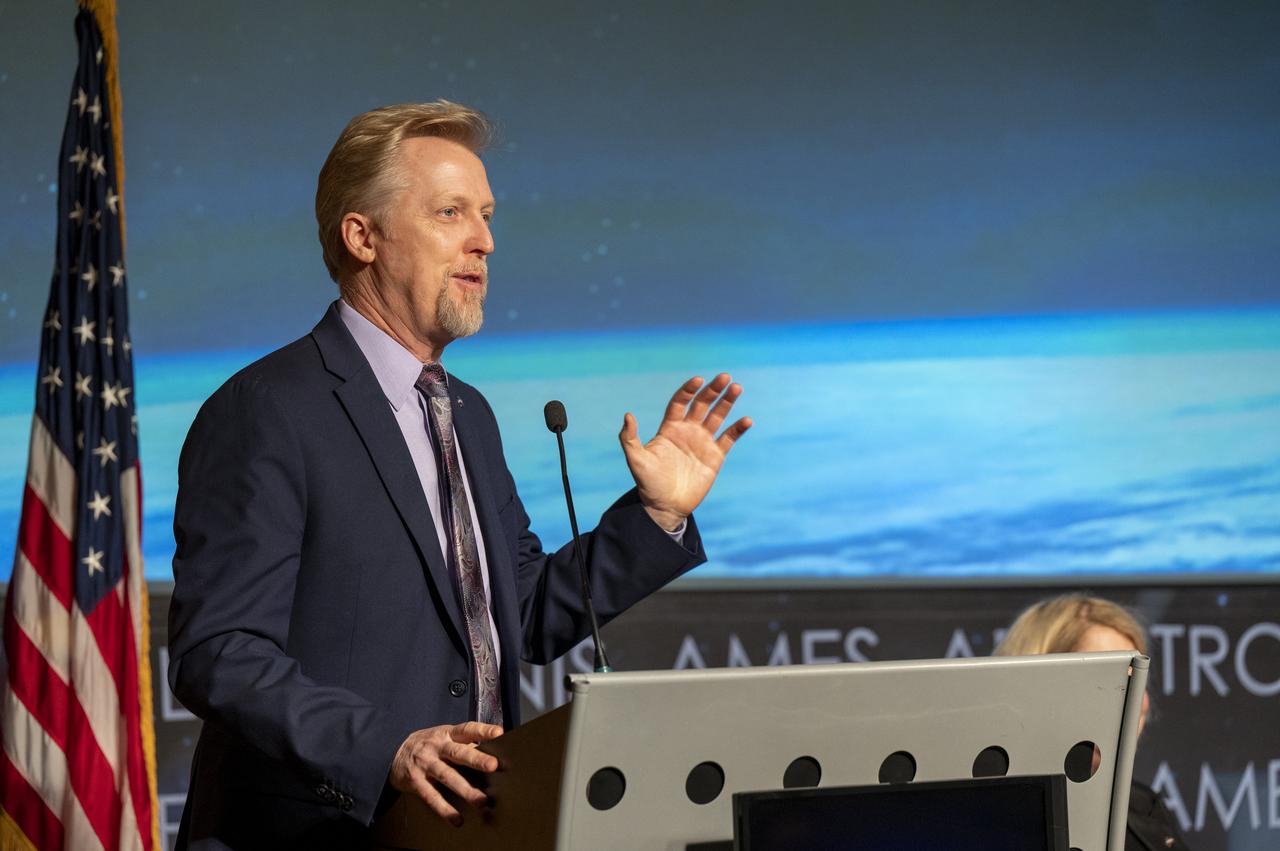 Director of Space Architectures Kurt “Spuds” Vogel delivers remarks during a Moon to Mars Town Hall, Thursday, May 18, 2023, at the Mary W. Jackson NASA Headquarters building in Washington. Photo Credit: (NASA/Keegan Barber)