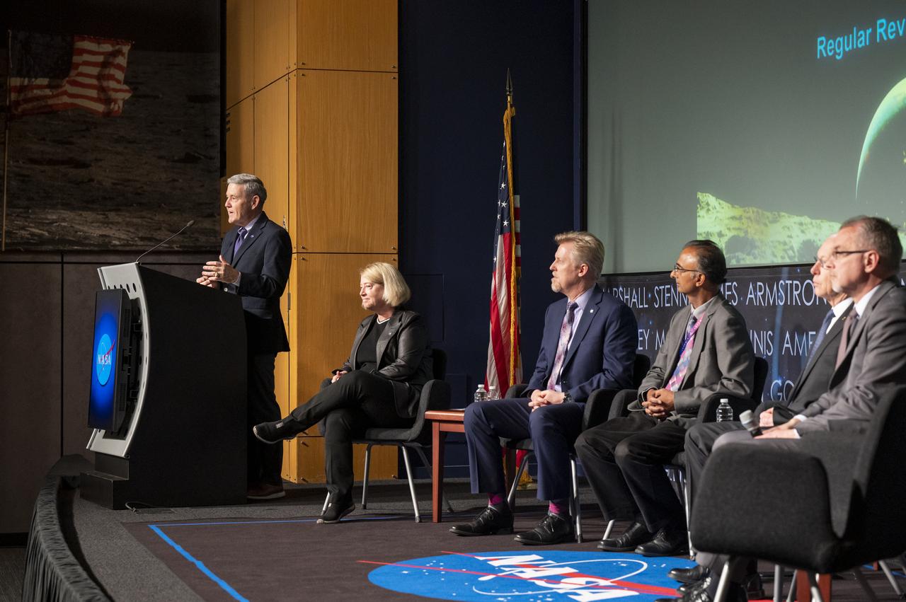 NASA Associate Administrator Bob Cabana delivers remarks during a Moon to Mars Town Hall, Thursday, May 18, 2023, at the Mary W. Jackson NASA Headquarters building in Washington.  Photo Credit: (NASA/Keegan Barber)
