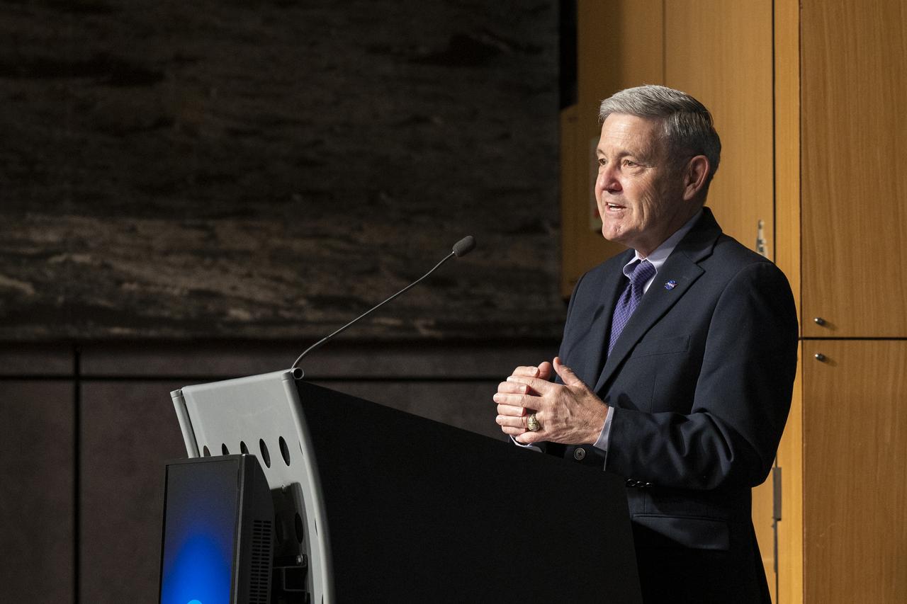NASA Associate Administrator Bob Cabana delivers remarks during a Moon to Mars Town Hall, Thursday, May 18, 2023, at the Mary W. Jackson NASA Headquarters building in Washington.  Photo Credit: (NASA/Keegan Barber)