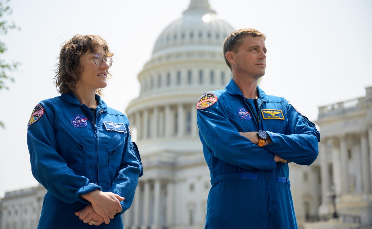 NASA astronauts Christina Hammock Koch, left, and, Reid Wiseman are seen during a media gather, Thursday, May 18, 2023, on Capitol Hill grounds, in Washington. Wiseman, Hammock Koch, along with NASA astronaut Victor Glover, and CSA (Canadian Space Agency) astronaut Jeremy Hansen, who will fly around the Moon on NASA’s Artemis II flight test, visited Washington to discuss their upcoming mission with members of Congress and others. Photo Credit: (NASA/Bill Ingalls)