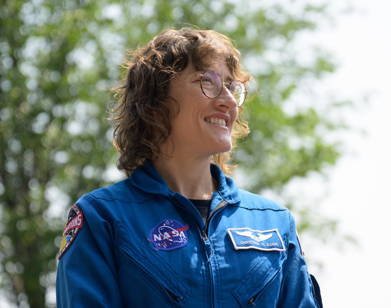 NASA Astronaut Christina Hammock Koch is seen during a media gather, Thursday, May 18, 2023, on Capitol Hill grounds in Washington. NASA astronauts Reid Wiseman, Victor Glover, Christina Hammock Koch, and CSA (Canadian Space Agency) astronaut Jeremy Hansen, who will fly around the Moon on NASA’s Artemis II flight test, visited Washington to discuss their upcoming mission with members of Congress and others. Photo Credit: (NASA/Bill Ingalls)