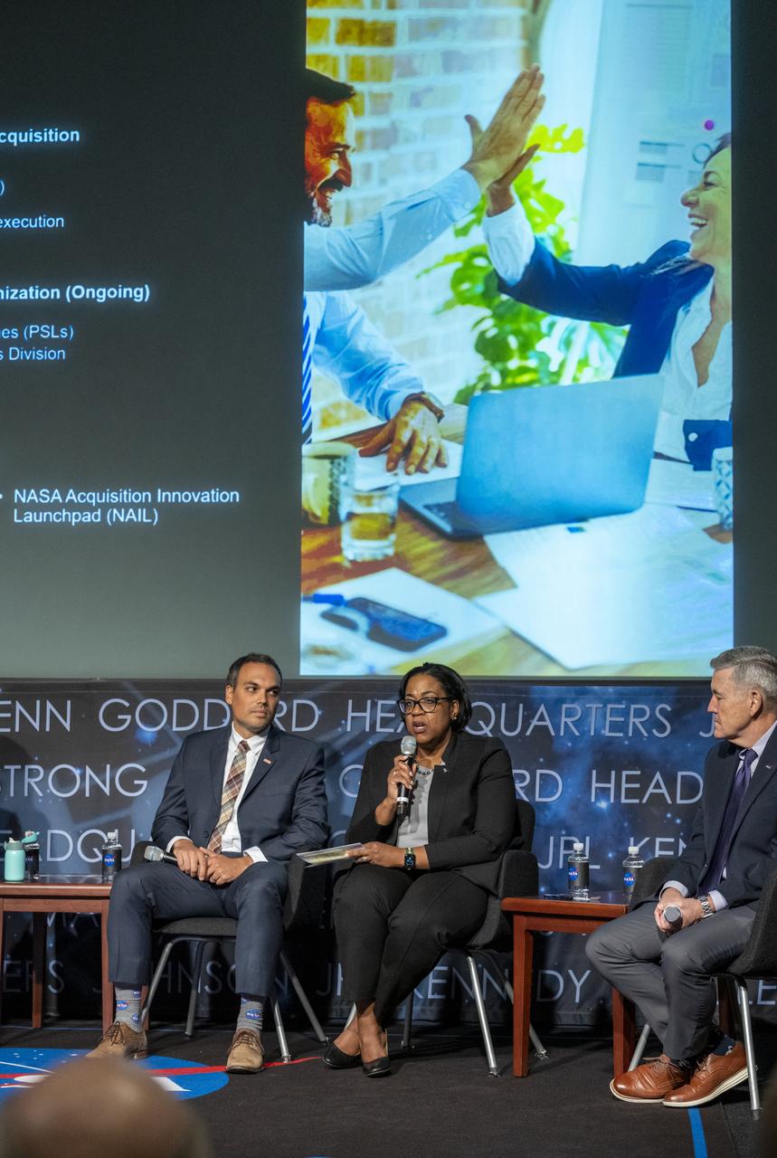 Senior Procurement Executive, Deputy Chief Acquisition Officer and Assistant Administrator for Procurement Karla Smith Jackson speaks during a Strengthening Acquisition and Program Management at the Agency fireside chat, Thursday, May 18, 2023, at the Mary W. Jackson NASA Headquarters building in Washington. Photo Credit: (NASA/Keegan Barber)