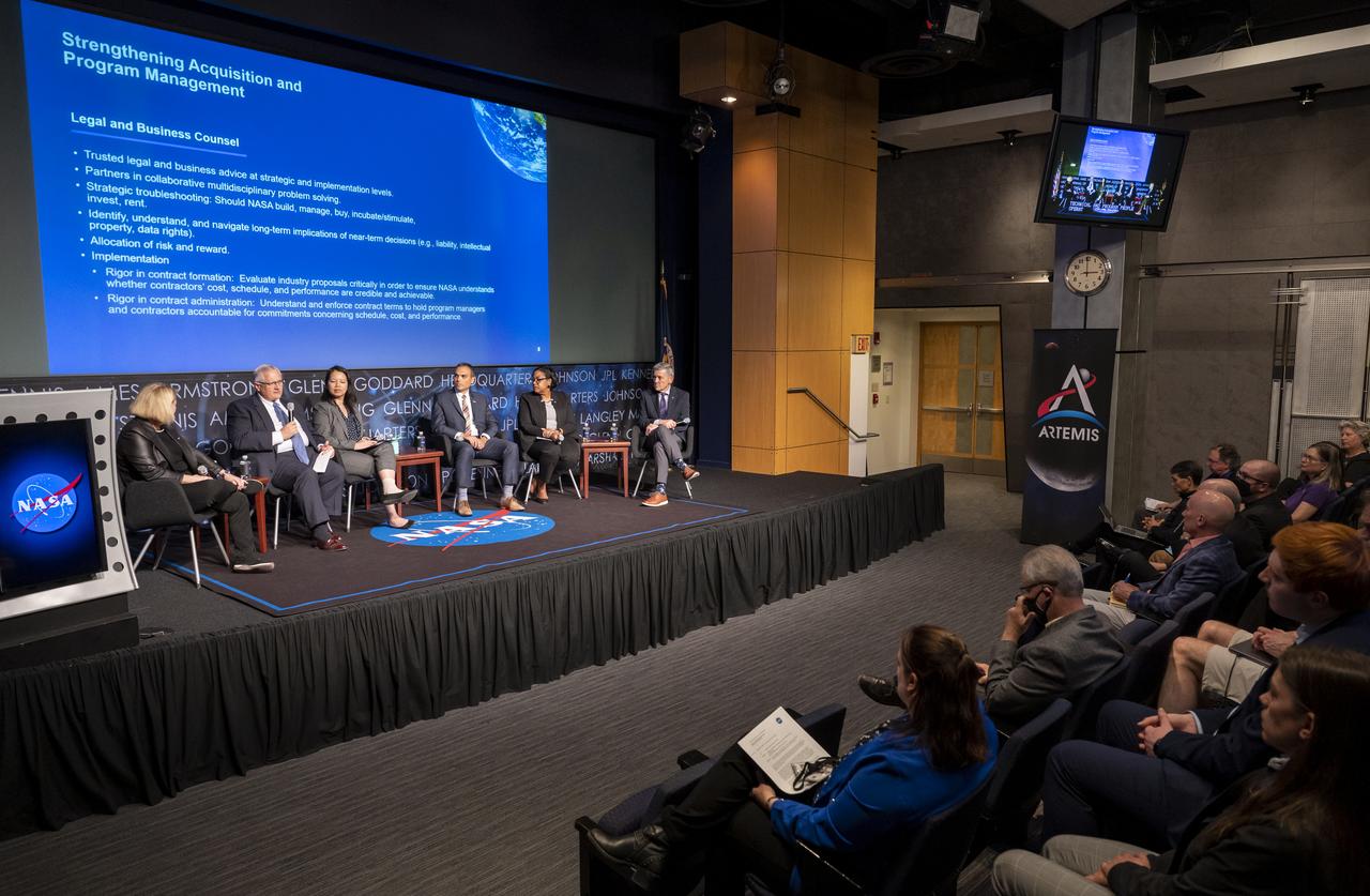 Acting General Counsel and Associate General Counsel for Acquisition Law Scott Barber speaks during a Strengthening Acquisition and Program Management at the Agency fireside chat, Thursday, May 18, 2023, at the Mary W. Jackson NASA Headquarters building in Washington.  Photo Credit: (NASA/Keegan Barber)