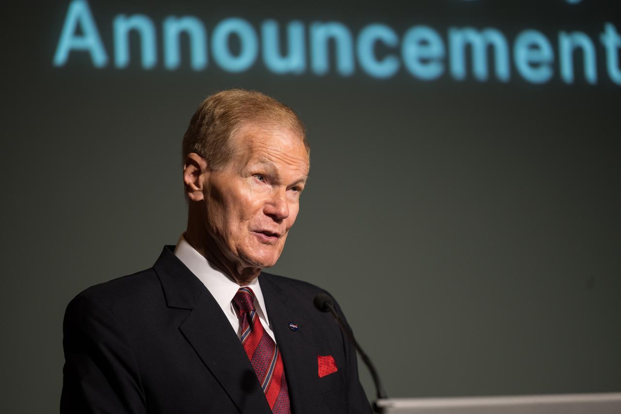 NASA Administrator Bill Nelson gives remarks during an event announcing Blue Origin as the company selected to develop a sustainable human landing system for the Artemis V Moon mission, Friday, May 19, 2023 at the Mary W. Jackson NASA Headquarters building in Washington. The human landing system will take astronauts to and from Gateway in lunar orbit to the surface and back to the lunar space station as part of NASA’s return to the Moon for science, exploration, and inspiration. Photo Credit: (NASA/Aubrey Gemignani)