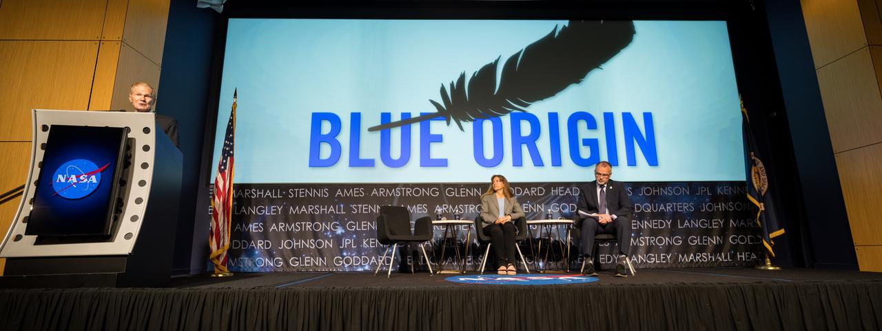 NASA Administrator Bill Nelson announces Blue Origin as the company selected to develop a sustainable human landing system for the Artemis V Moon mission, Friday, May 19, 2023 at the Mary W. Jackson NASA Headquarters building in Washington. The human landing system will take astronauts to and from Gateway in lunar orbit to the surface and back to the lunar space station as part of NASA’s return to the Moon for science, exploration, and inspiration. Photo Credit: (NASA/Aubrey Gemignani)