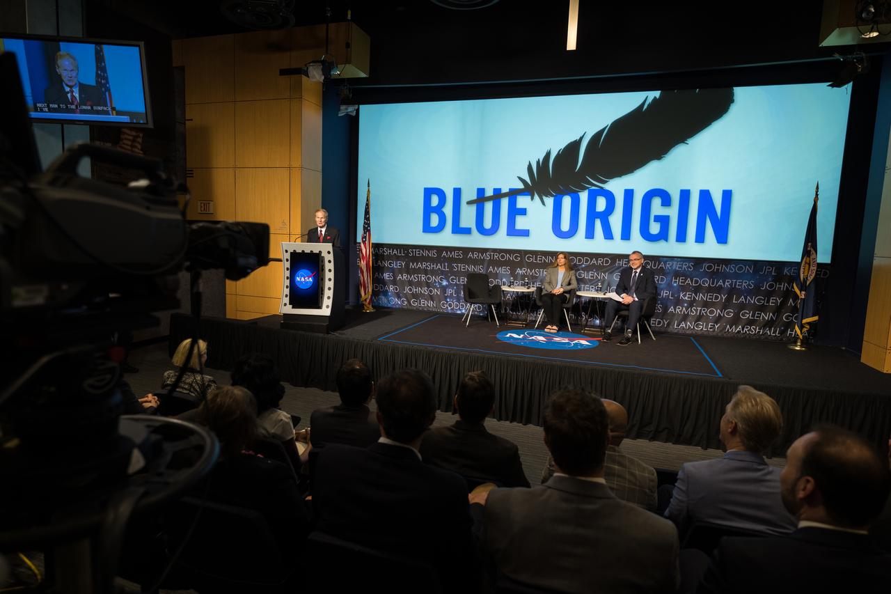 NASA Administrator Bill Nelson announces Blue Origin as the company selected to develop a sustainable human landing system for the Artemis V Moon mission, Friday, May 19, 2023 at the Mary W. Jackson NASA Headquarters building in Washington. The human landing system will take astronauts to and from Gateway in lunar orbit to the surface and back to the lunar space station as part of NASA’s return to the Moon for science, exploration, and inspiration. Photo Credit: (NASA/Aubrey Gemignani)