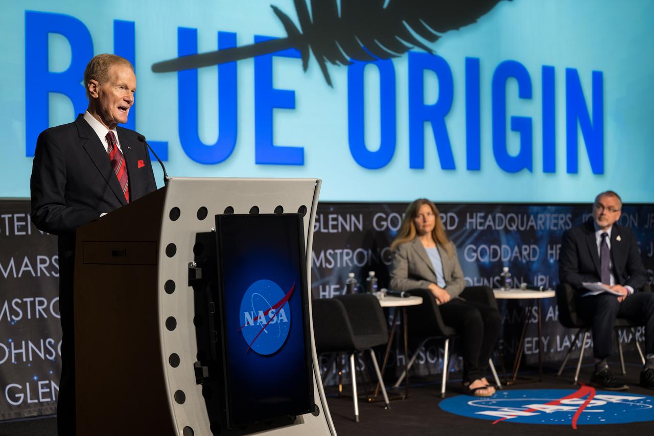 NASA Administrator Bill Nelson announces Blue Origin as the company selected to develop a sustainable human landing system for the Artemis V Moon mission, Friday, May 19, 2023 at the Mary W. Jackson NASA Headquarters building in Washington. The human landing system will take astronauts to and from Gateway in lunar orbit to the surface and back to the lunar space station as part of NASA’s return to the Moon for science, exploration, and inspiration. Photo Credit: (NASA/Aubrey Gemignani)