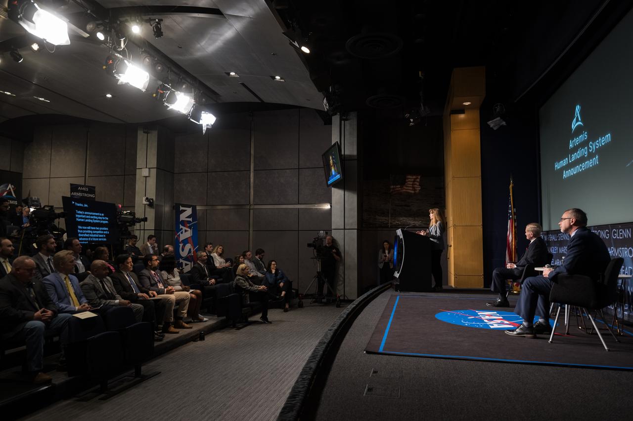 Human Landing System Program Manager Lisa Watson-Morgan gives remarks during an event announcing Blue Origin as the company selected to develop a sustainable human landing system for the Artemis V Moon mission, Friday, May 19, 2023 at the Mary W. Jackson NASA Headquarters building in Washington. The human landing system will take astronauts to and from Gateway in lunar orbit to the surface and back to the lunar space station as part of NASA’s return to the Moon for science, exploration, and inspiration. Photo Credit: (NASA/Aubrey Gemignani)