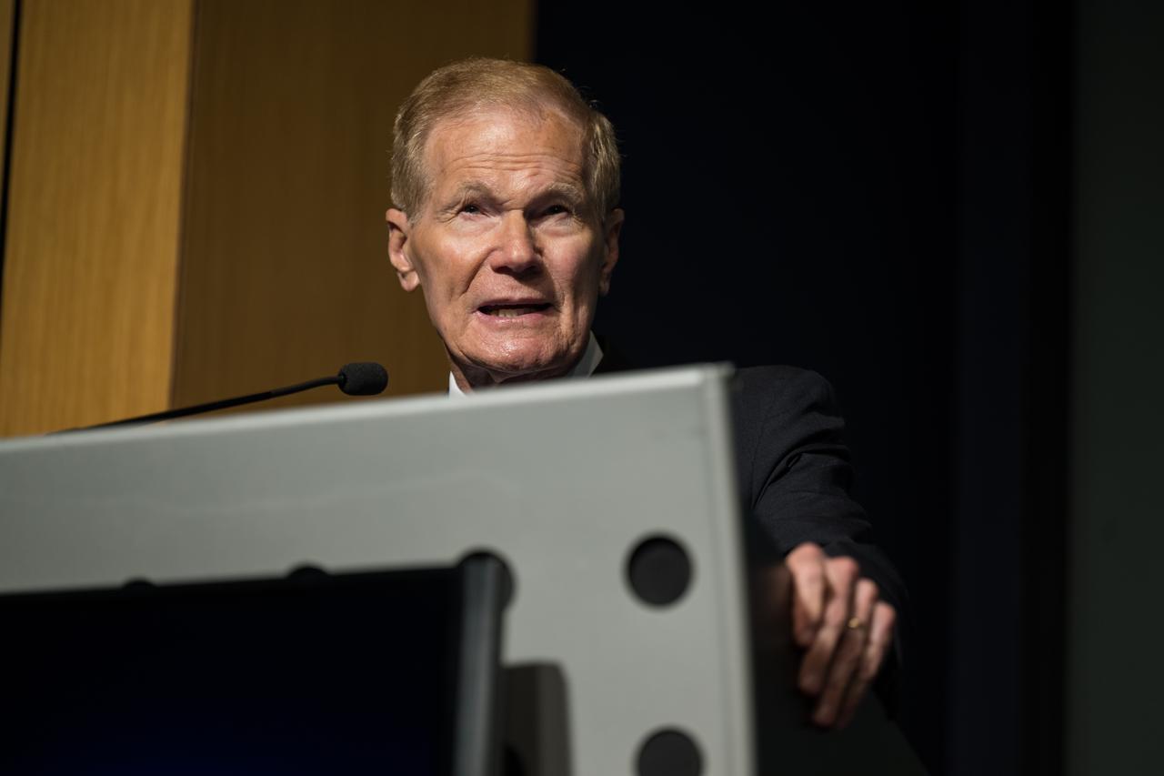 NASA Administrator Bill Nelson gives remarks during an event announcing Blue Origin as the company selected to develop a sustainable human landing system for the Artemis V Moon mission, Friday, May 19, 2023 at the Mary W. Jackson NASA Headquarters building in Washington. The human landing system will take astronauts to and from Gateway in lunar orbit to the surface and back to the lunar space station as part of NASA’s return to the Moon for science, exploration, and inspiration. Photo Credit: (NASA/Aubrey Gemignani)
