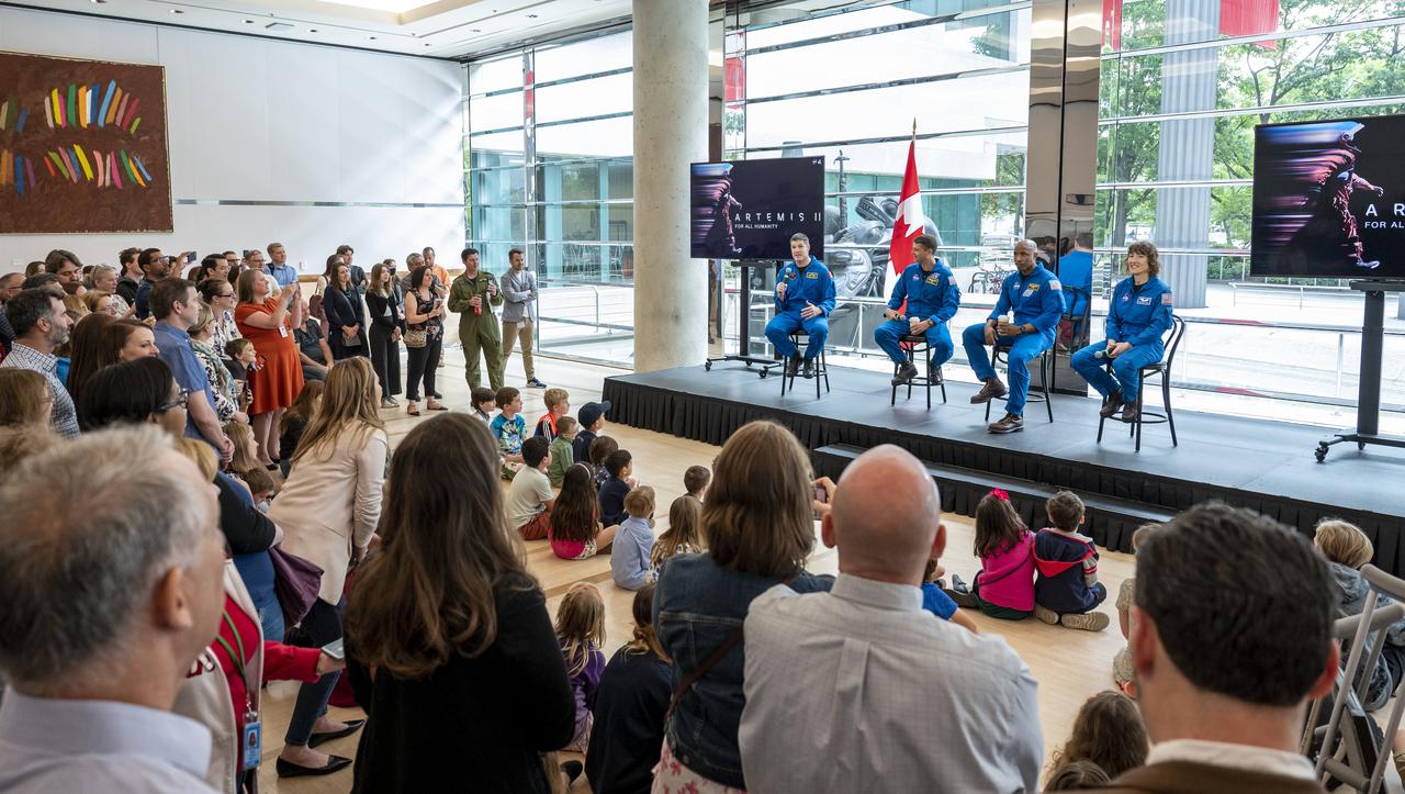From left to right, CSA (Canadian Space Agency) astronaut Jeremy Hansen, NASA astronauts Reid Wiseman, Victor Glover, and Christina Hammock Koch participate in an embassy workforce event, Friday, May 19, 2023, at the Canadian Embassy in Washington. Wiseman, Glover, Koch, and Hansen, who will fly around the Moon on NASA’s Artemis II flight test, visited Washington to discuss their upcoming mission with members of Congress and others. Photo Credit: (NASA/Keegan Barber)
