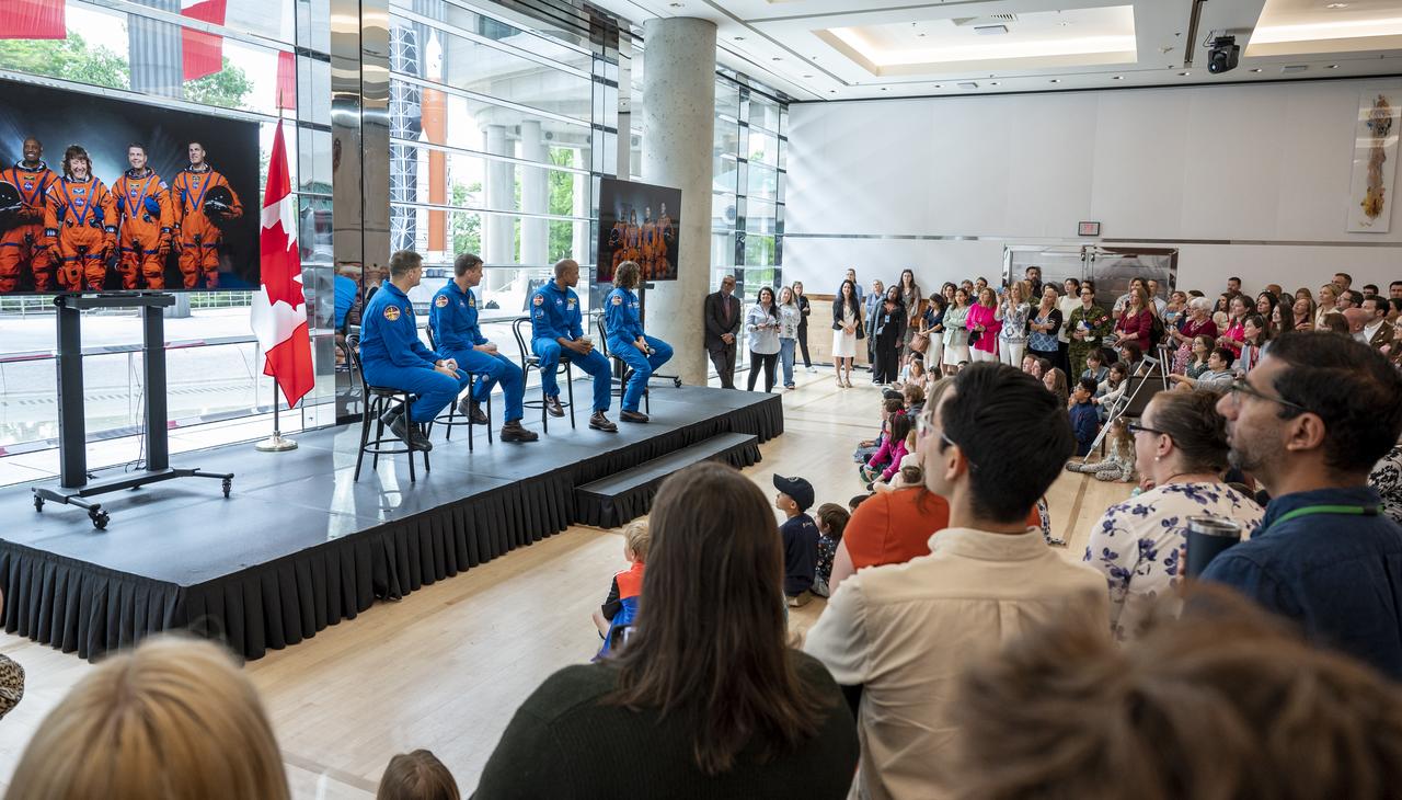 From left to right, CSA (Canadian Space Agency) astronaut Jeremy Hansen, NASA astronauts Reid Wiseman, Victor Glover, and Christina Hammock Koch participate in an embassy workforce event, Friday, May 19, 2023, at the Canadian Embassy in Washington. Wiseman, Glover, Koch, and Hansen, who will fly around the Moon on NASA’s Artemis II flight test, visited Washington to discuss their upcoming mission with members of Congress and others. Photo Credit: (NASA/Keegan Barber)