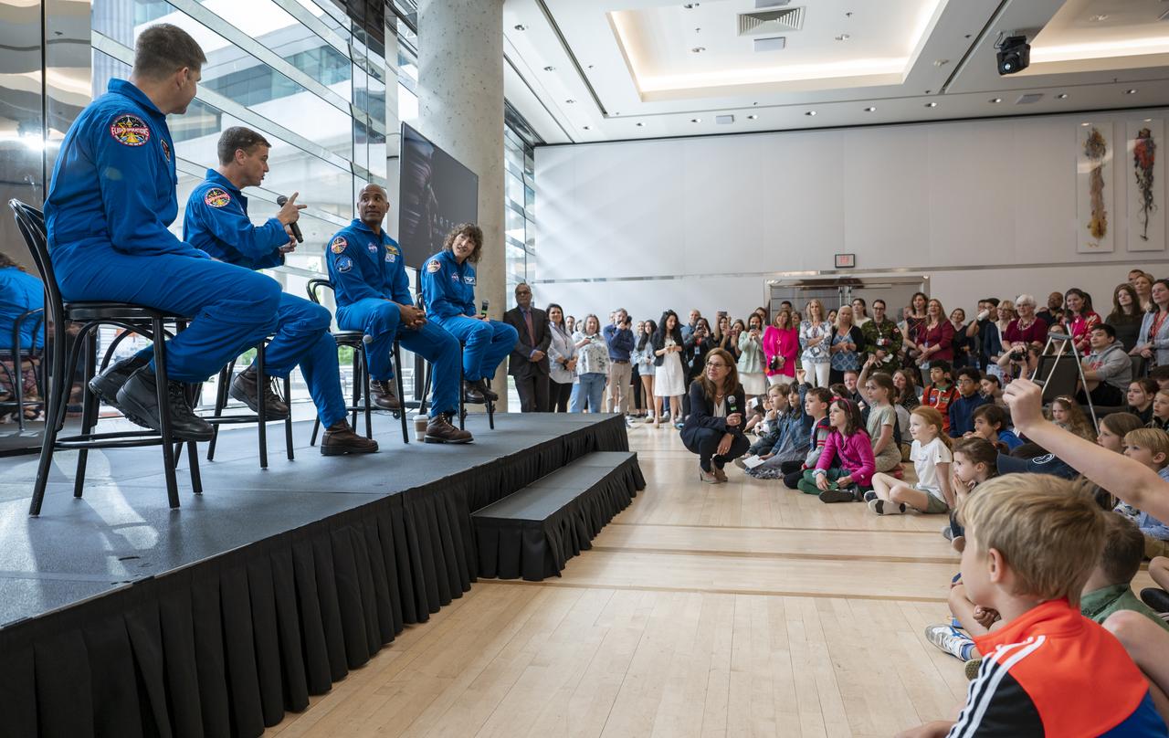 From left to right, CSA (Canadian Space Agency) astronaut Jeremy Hansen, NASA astronauts Reid Wiseman, Victor Glover, and Christina Hammock Koch participate in an embassy workforce event, Friday, May 19, 2023, at the Canadian Embassy in Washington. Wiseman, Glover, Koch, and Hansen, who will fly around the Moon on NASA’s Artemis II flight test, visited Washington to discuss their upcoming mission with members of Congress and others. Photo Credit: (NASA/Keegan Barber)