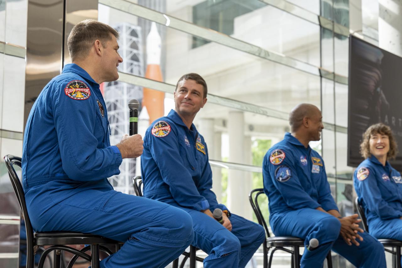 From left to right, CSA (Canadian Space Agency) astronaut Jeremy Hansen, NASA astronauts Reid Wiseman, Victor Glover, and Christina Hammock Koch participate in an embassy workforce event, Friday, May 19, 2023, at the Canadian Embassy in Washington. Wiseman, Glover, Koch, and Hansen, who will fly around the Moon on NASA’s Artemis II flight test, visited Washington to discuss their upcoming mission with members of Congress and others. Photo Credit: (NASA/Keegan Barber)